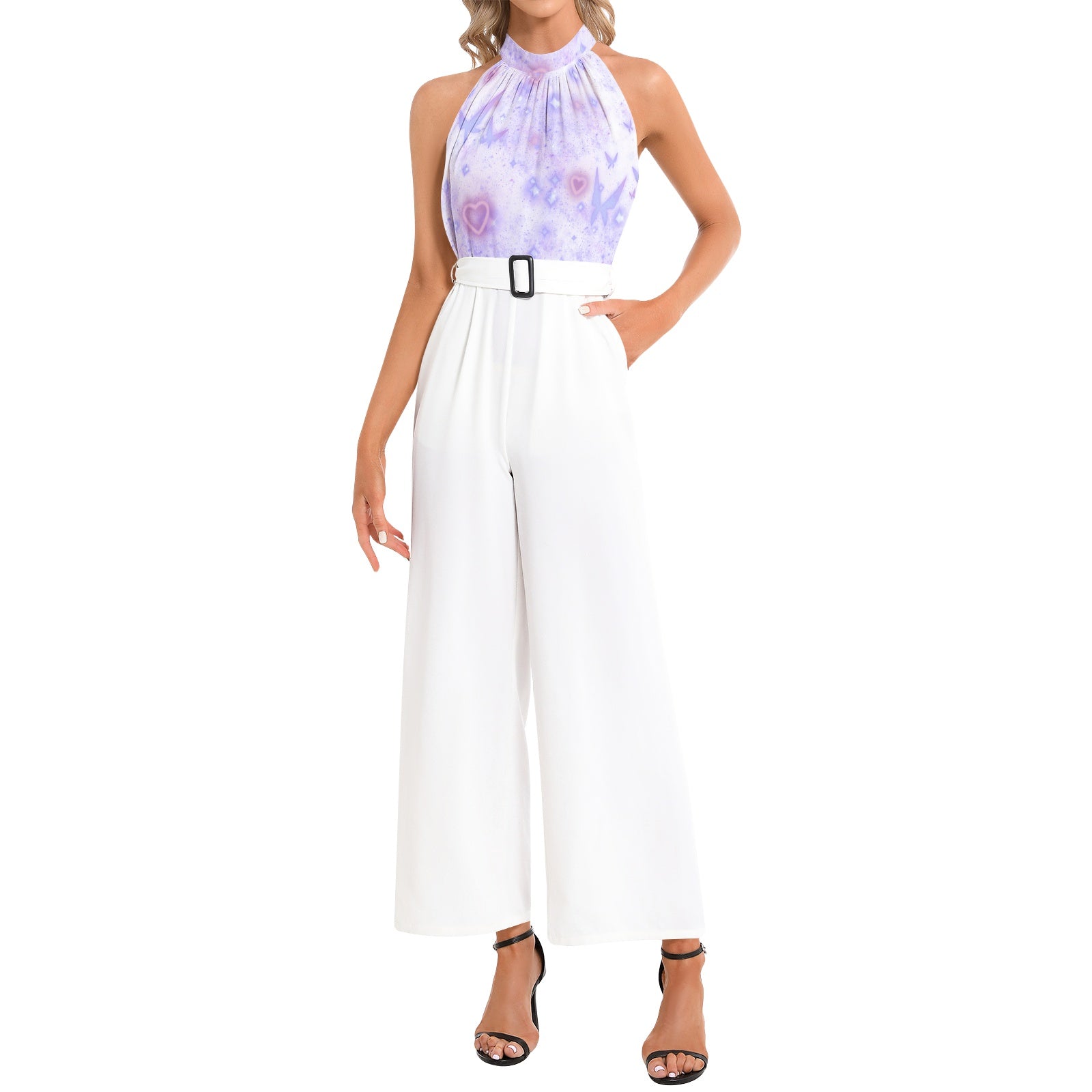 Sweet Butterfly Halter Neck Buckle Belted Jumpsuit