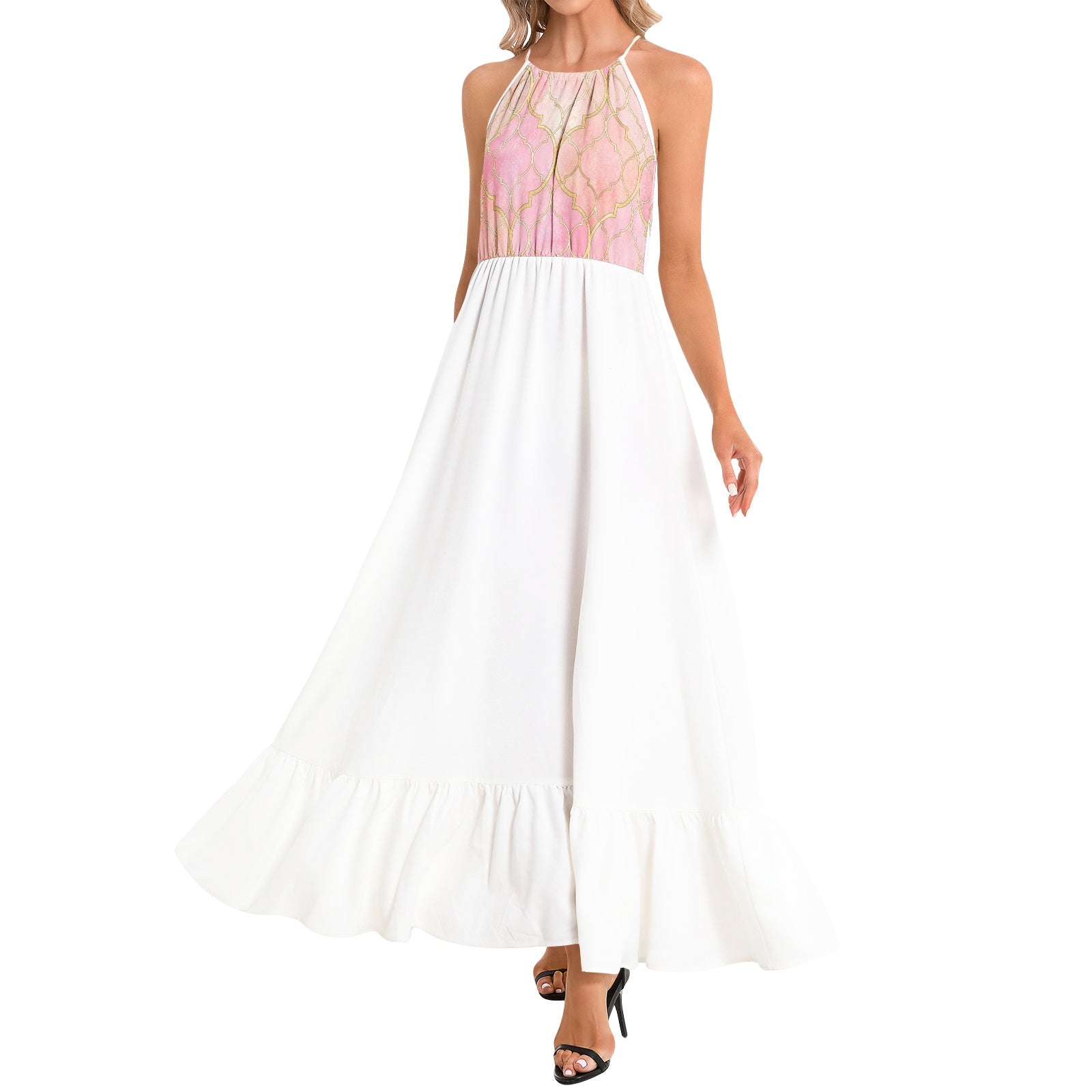 Ruffle Hem Halter Neck Maxi Dress