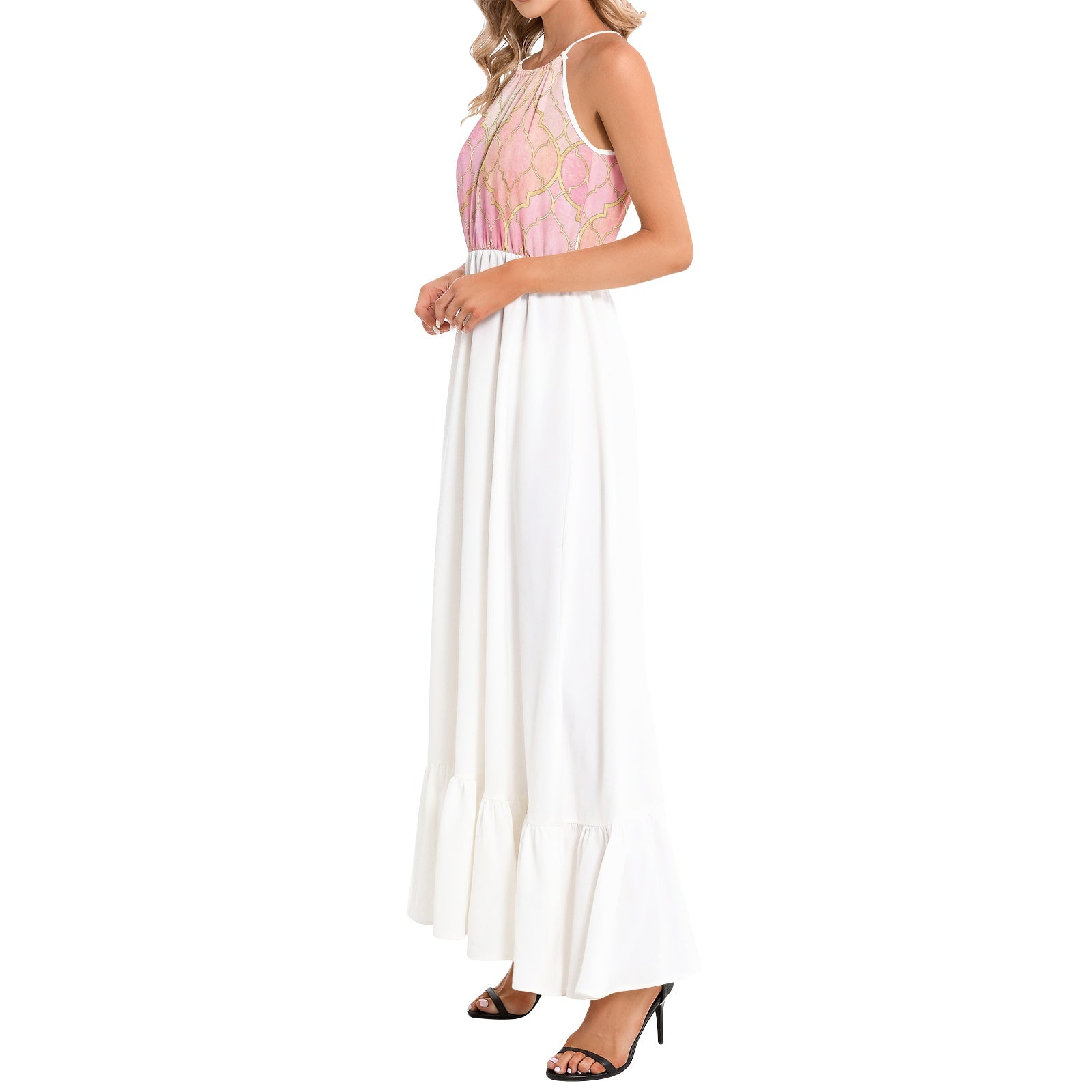 Ruffle Hem Halter Neck Maxi Dress