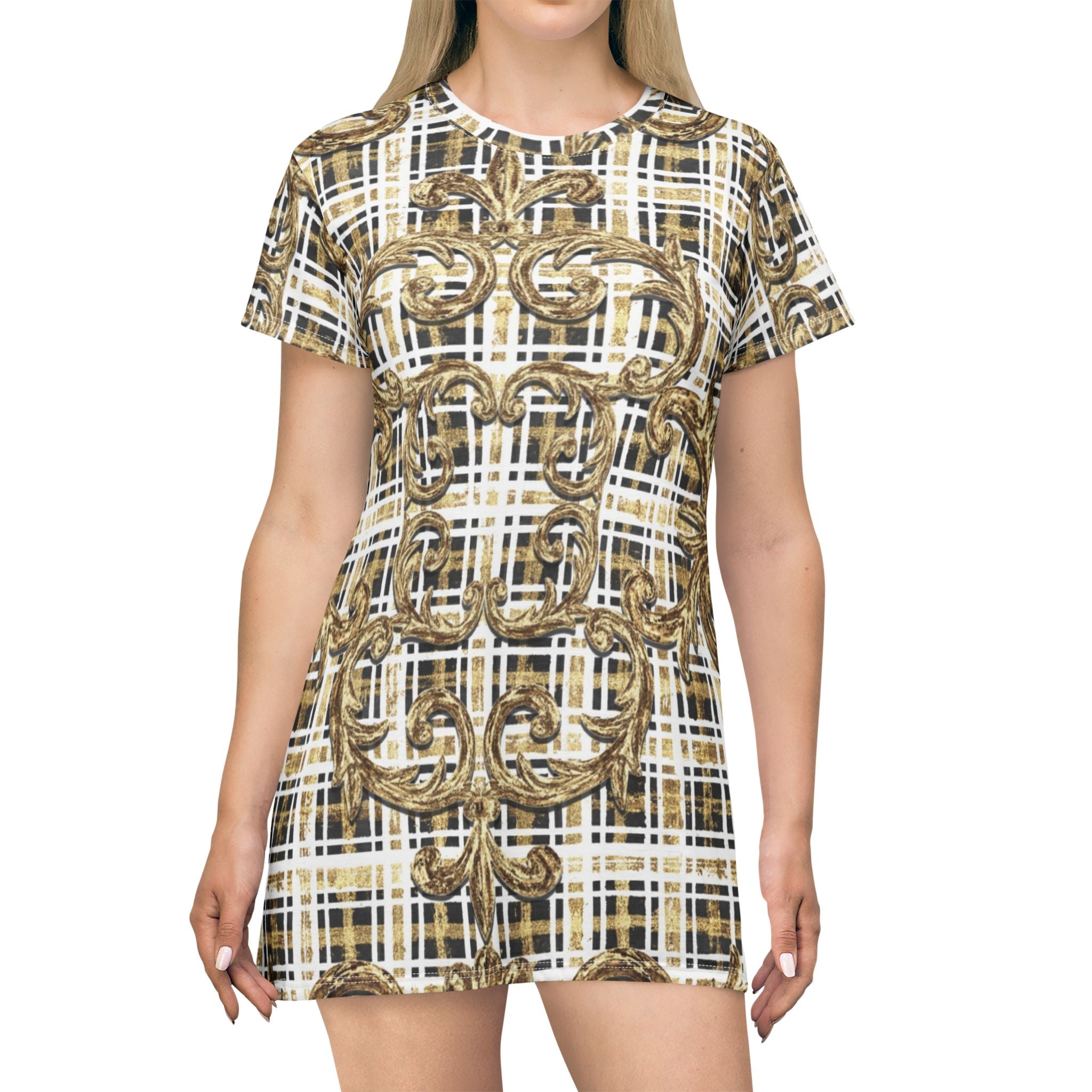 NDO DesignerBaroque Plaid T-Shirt Dress – Gold Ornate Pattern AOP