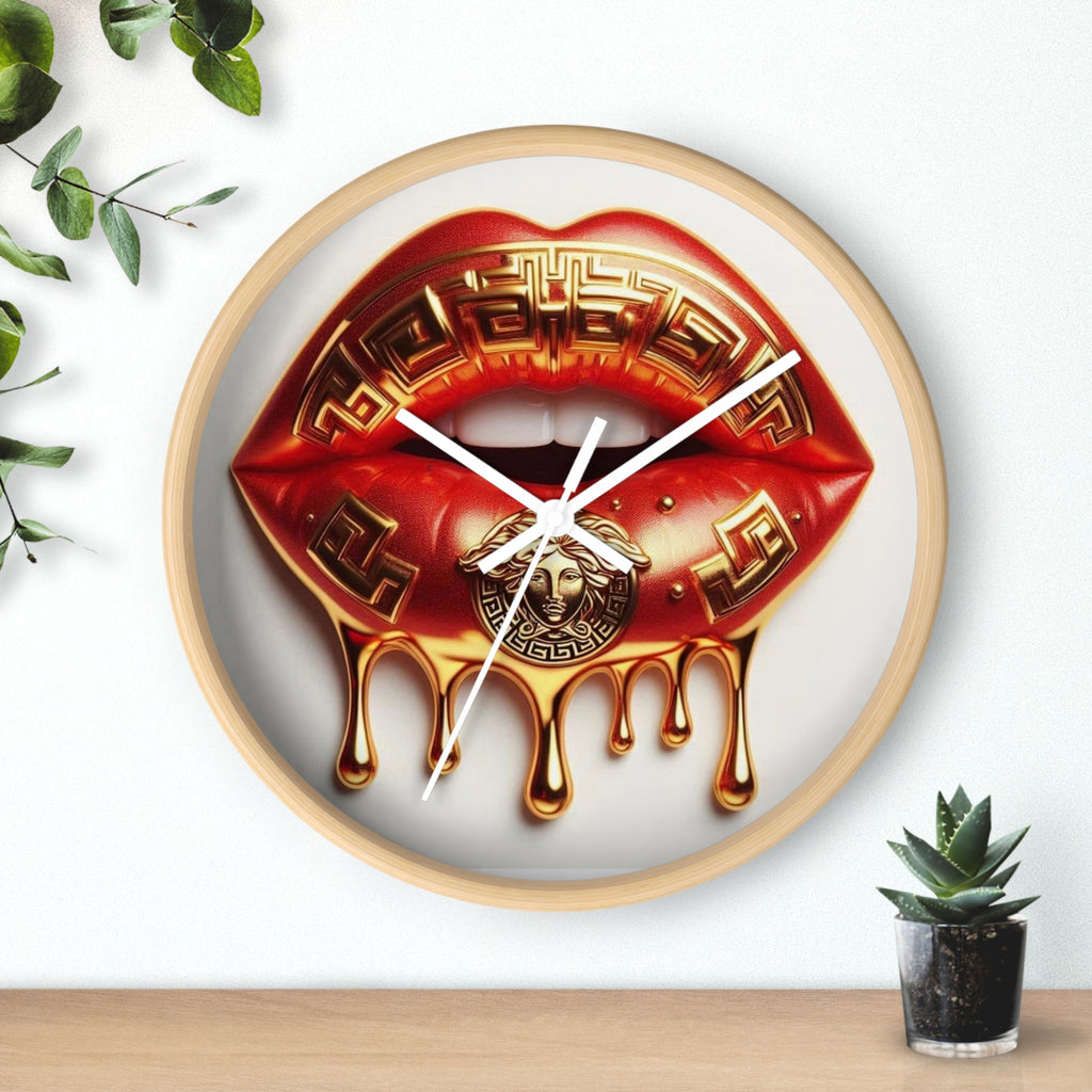 Gold Drip Lip Wall Clock — Luxe Red Lip Art Home Decor