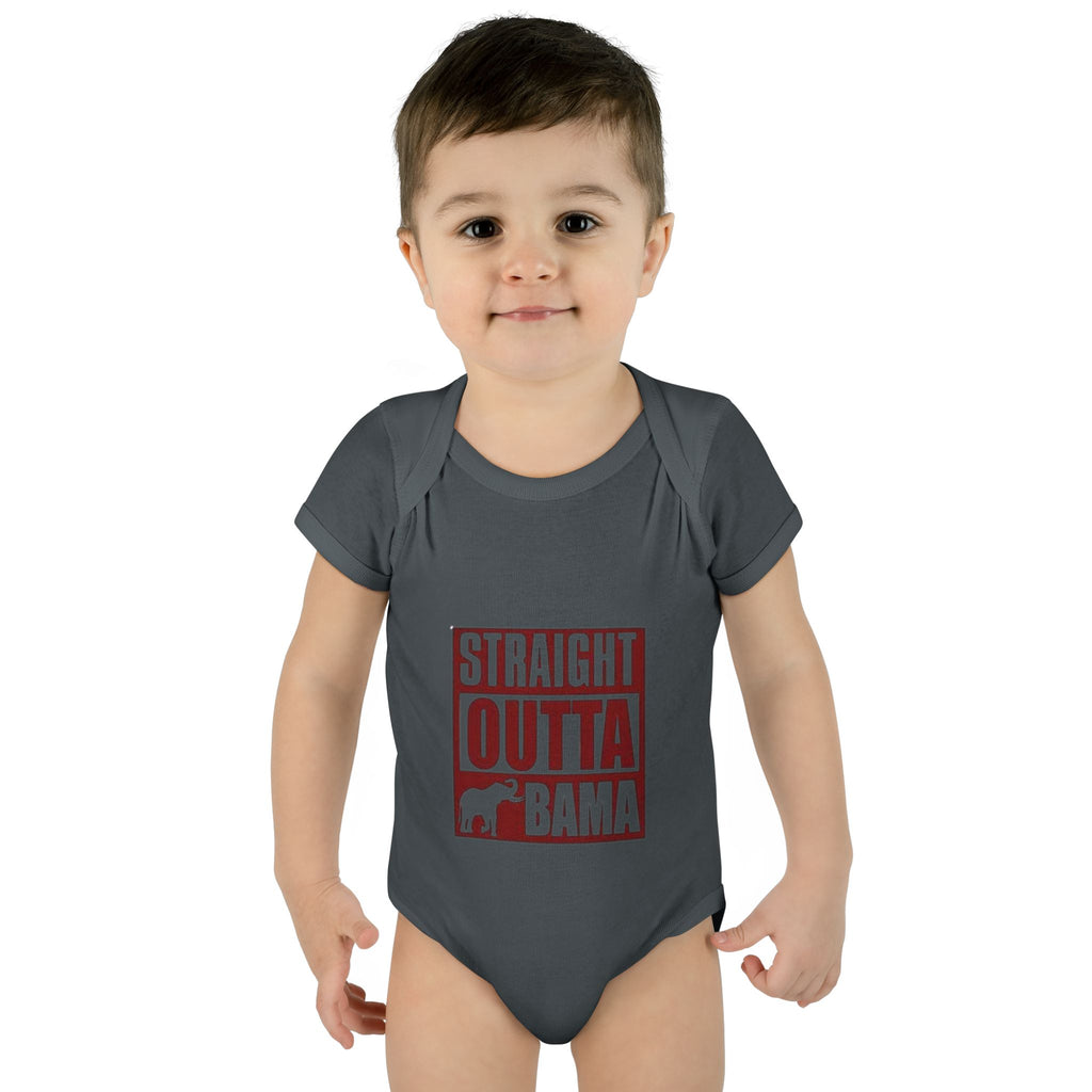 Straight Outta Bama Infant Bodysuit — Alabama Baby Onesie (Crimson Elephant Design)