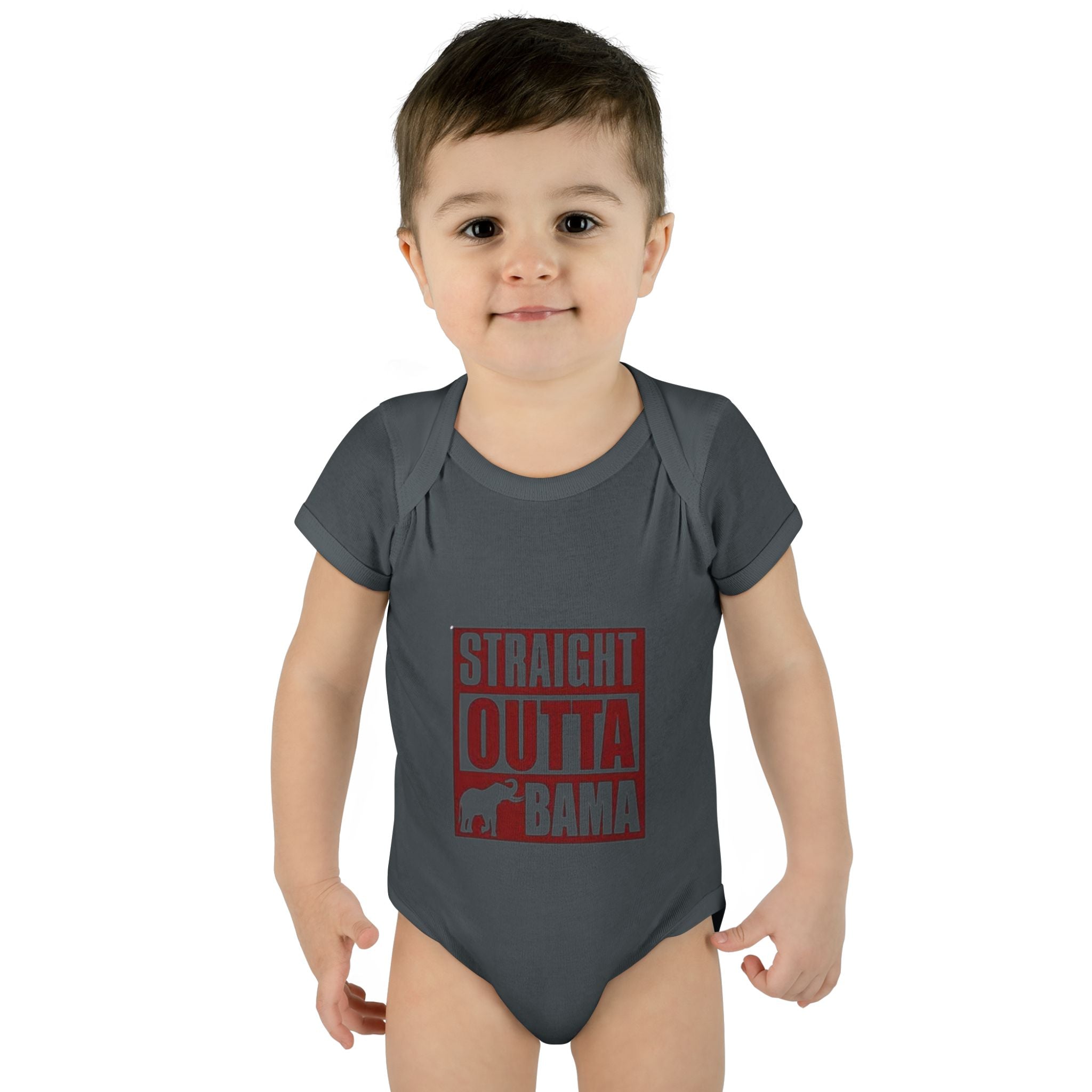 Straight Outta Bama Infant Bodysuit — Alabama Baby Onesie (Crimson Elephant Design)