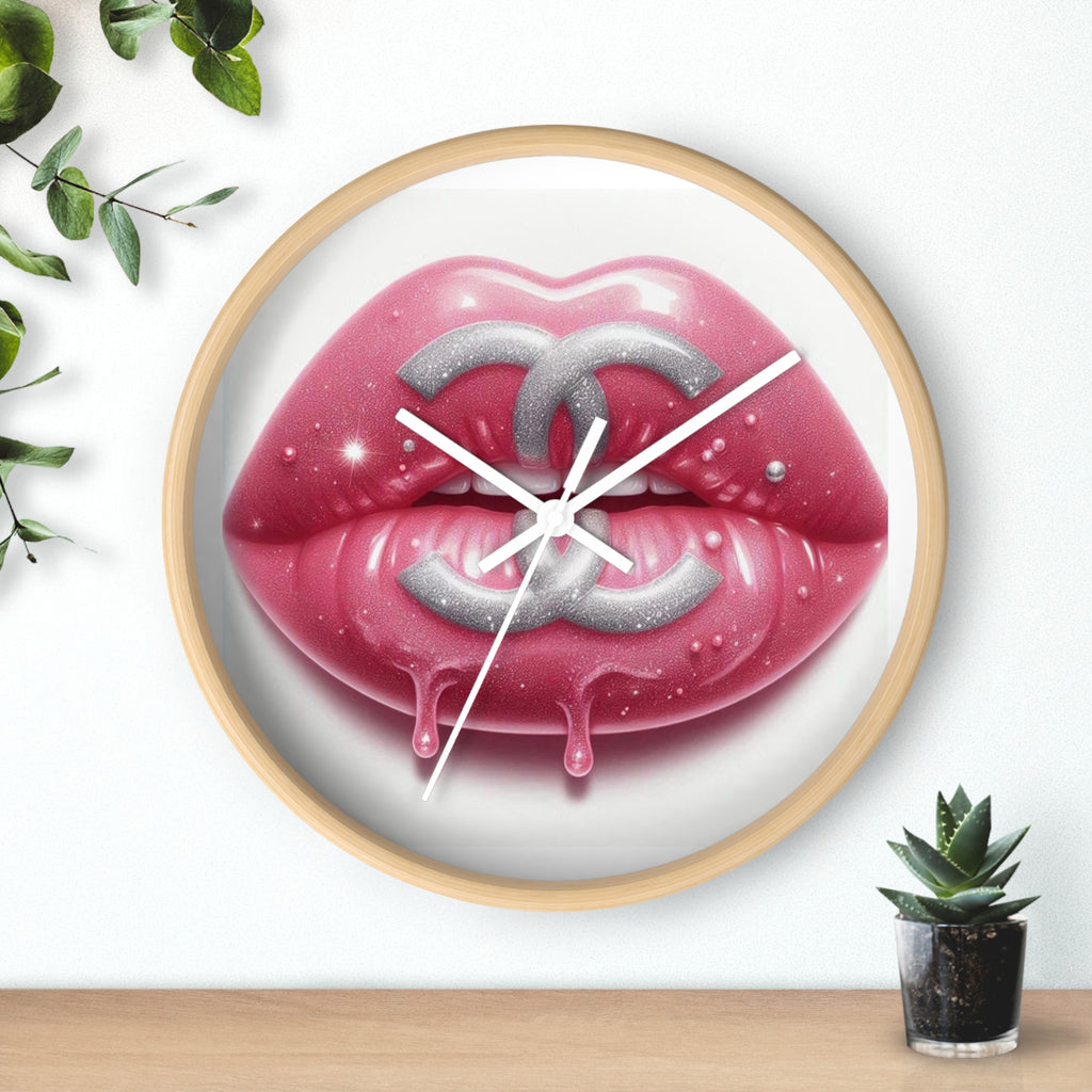 Glam Lip Drip Wall Clock — Pink Glossy Lips with Silver Logo