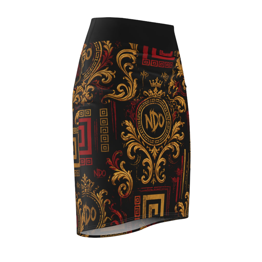 Baroque Crest Pencil Skirt — Black & Gold Ornate NDO Print