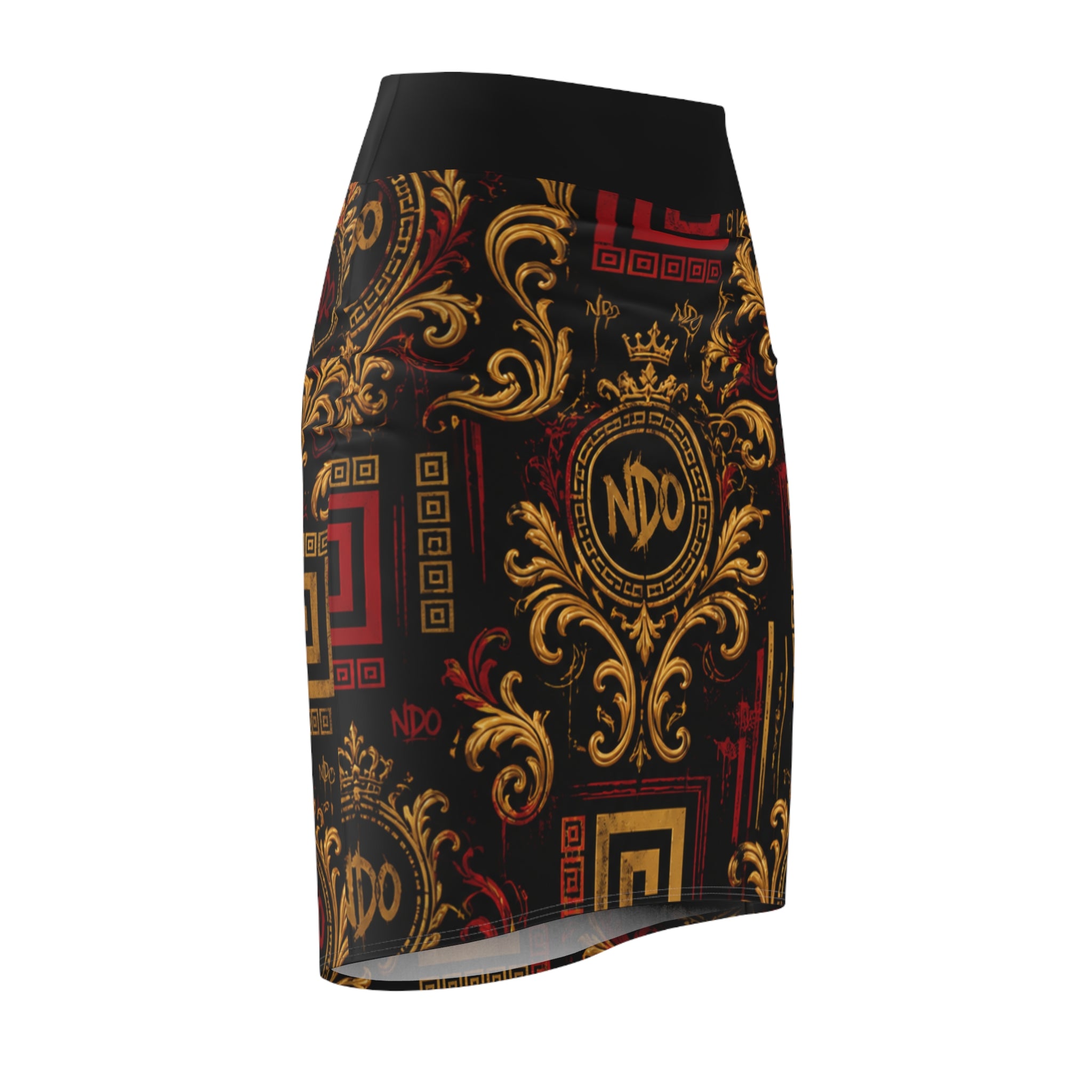 Baroque Crest Pencil Skirt — Black & Gold Ornate NDO Print