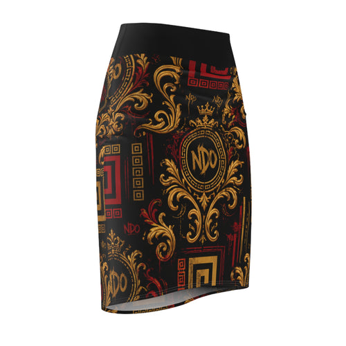 Baroque Crest Pencil Skirt — Black & Gold Ornate NDO Print