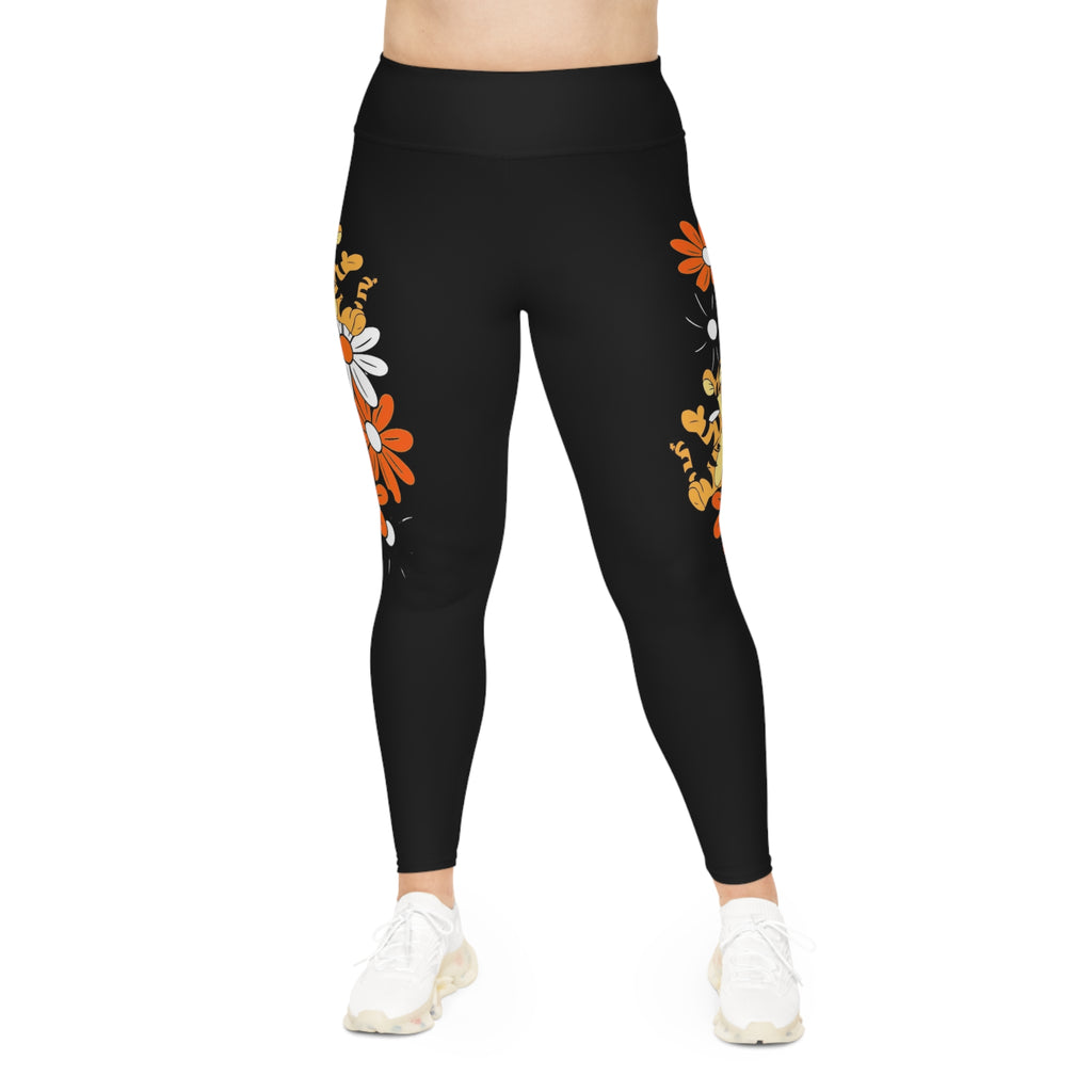 Plus Size Floral Tiger Leggings — Black AOP Yoga & Casual Wear