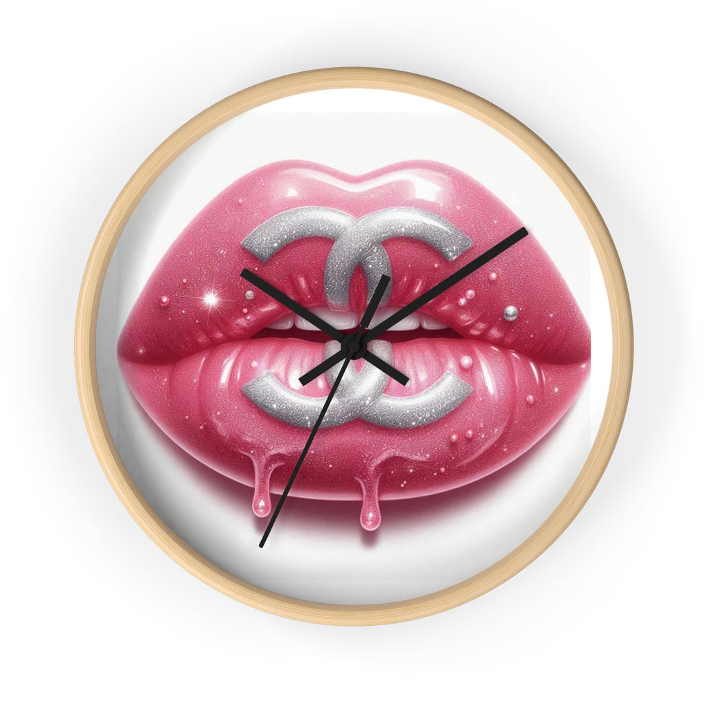 Glam Lip Drip Wall Clock — Pink Glossy Lips with Silver Logo