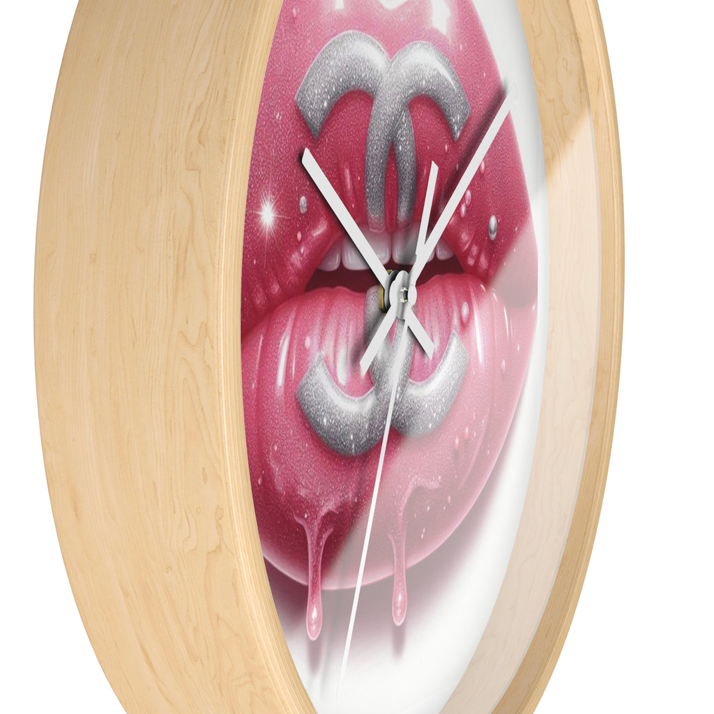 Glam Lip Drip Wall Clock — Pink Glossy Lips with Silver Logo