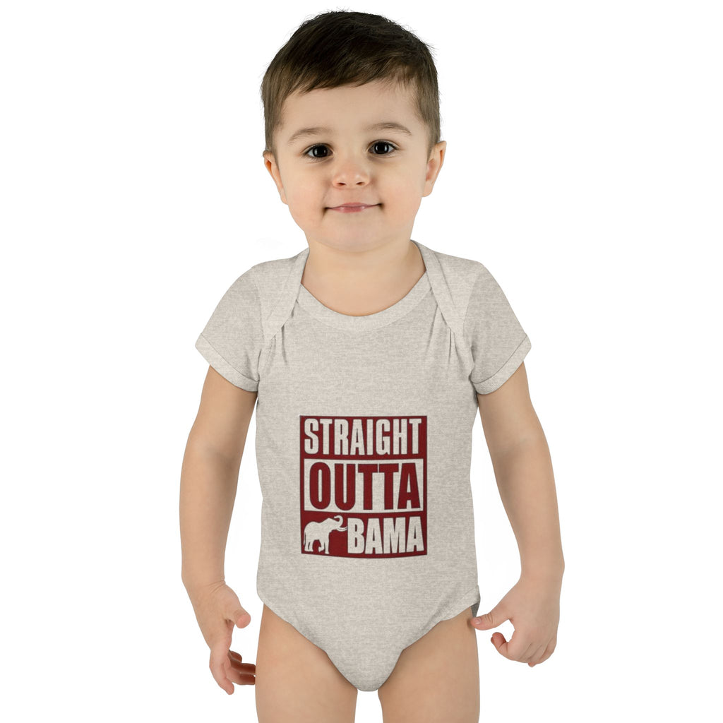 Straight Outta Bama Infant Bodysuit — Alabama Baby Onesie (Crimson Elephant Design)