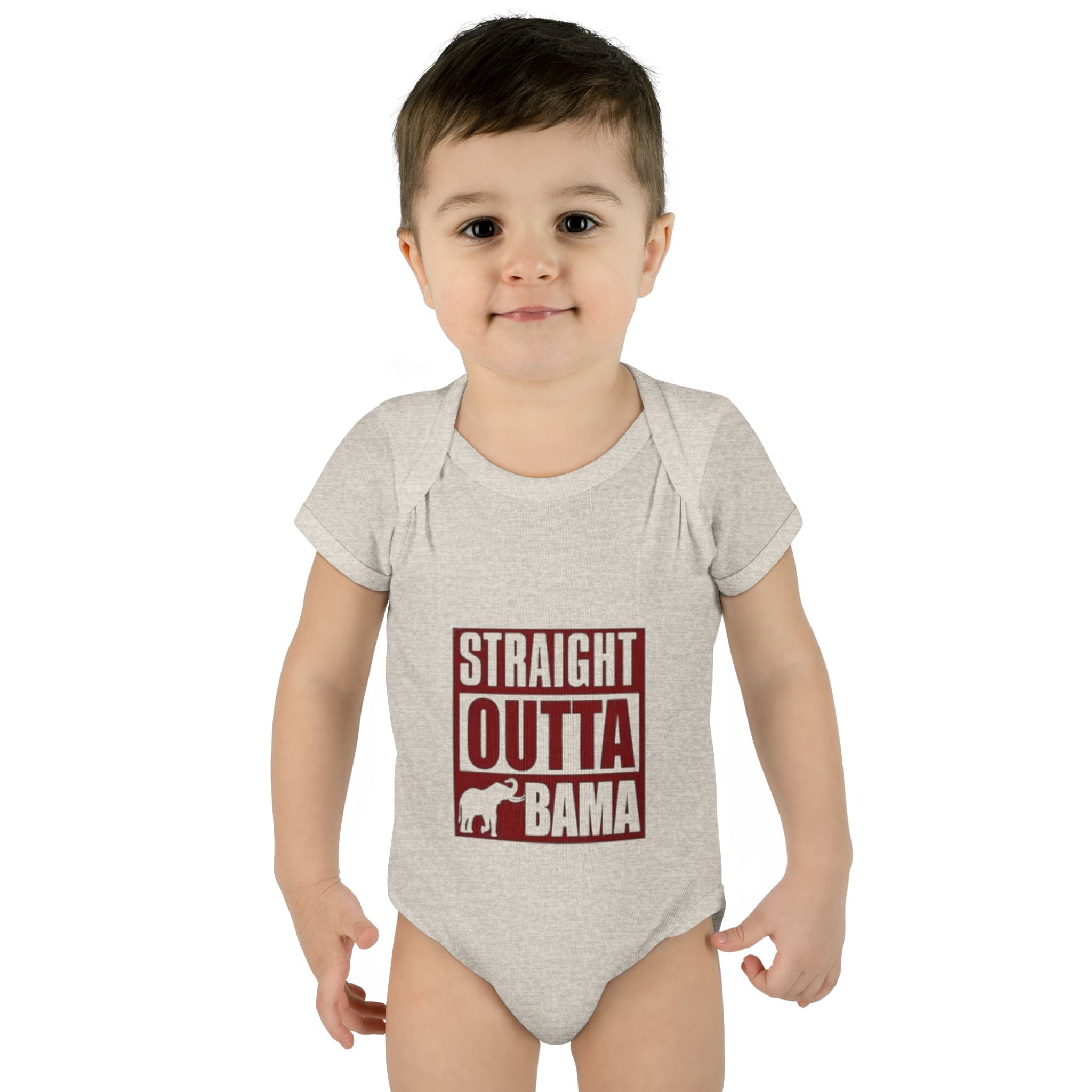 Straight Outta Bama Infant Bodysuit — Alabama Baby Onesie (Crimson Elephant Design)