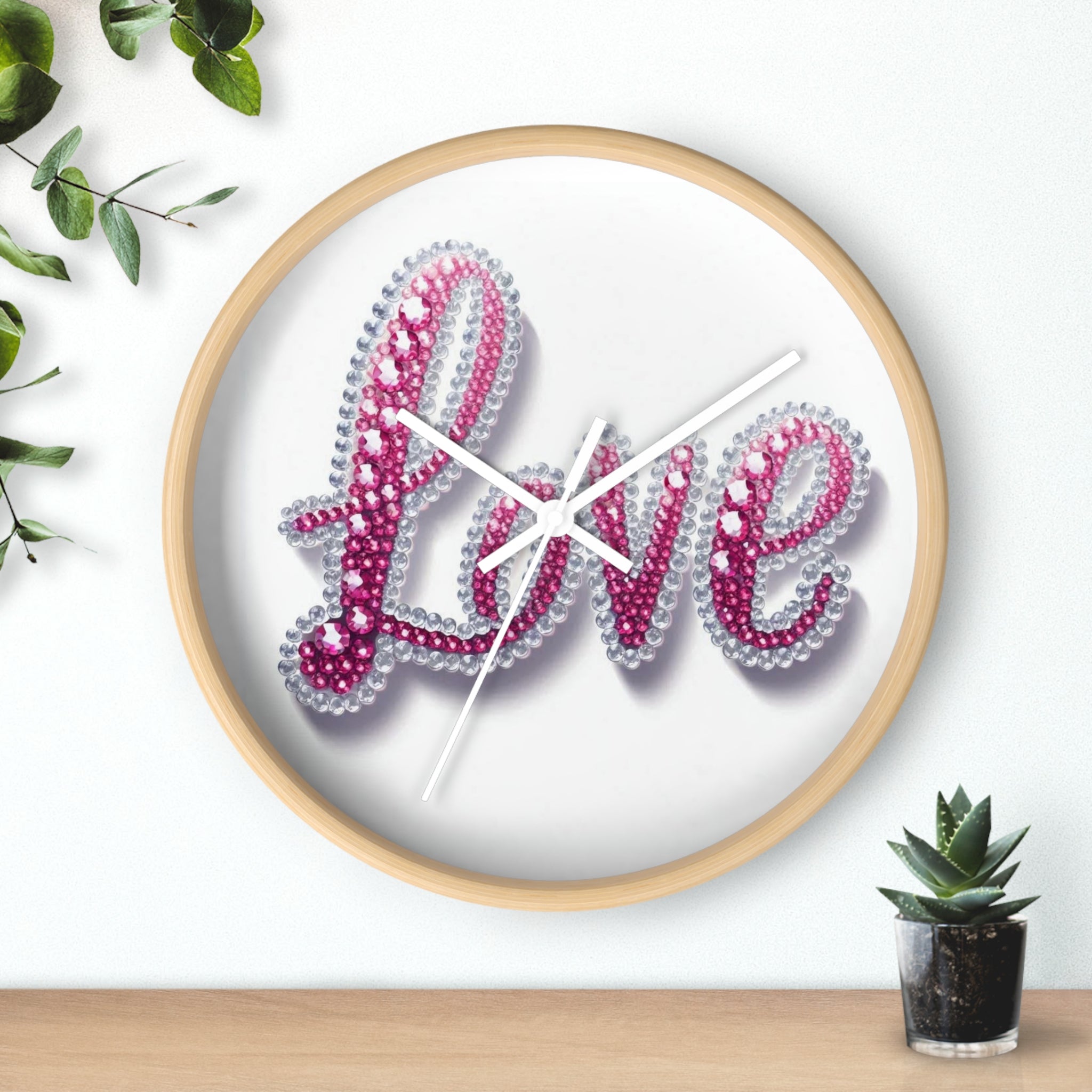 Love Beaded Wall Clock – Pink Rhinestone Script Decorative Wall Clock