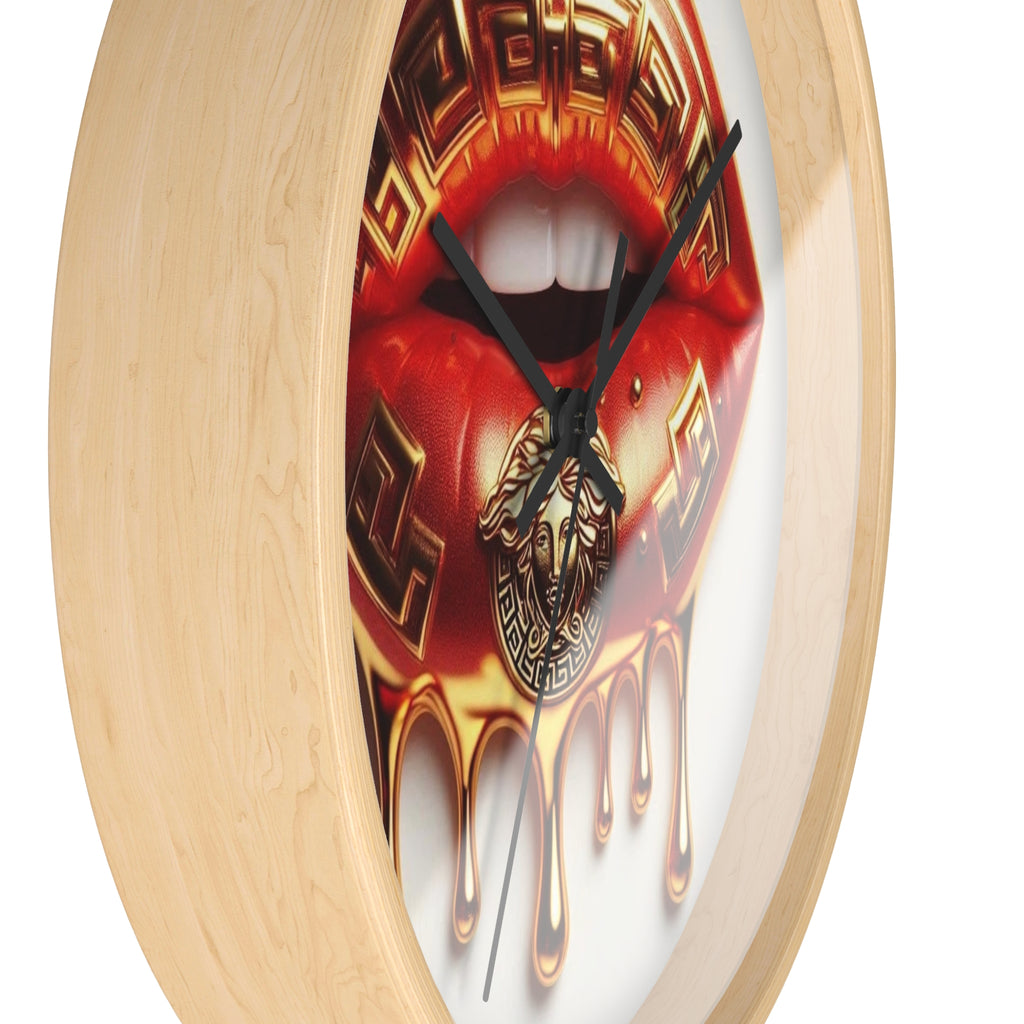 Gold Drip Lip Wall Clock — Luxe Red Lip Art Home Decor