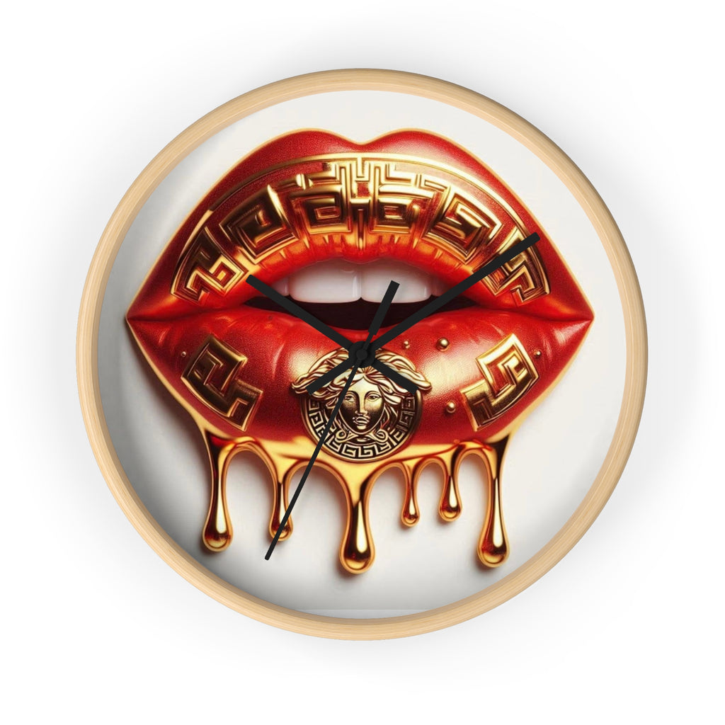 Gold Drip Lip Wall Clock — Luxe Red Lip Art Home Decor