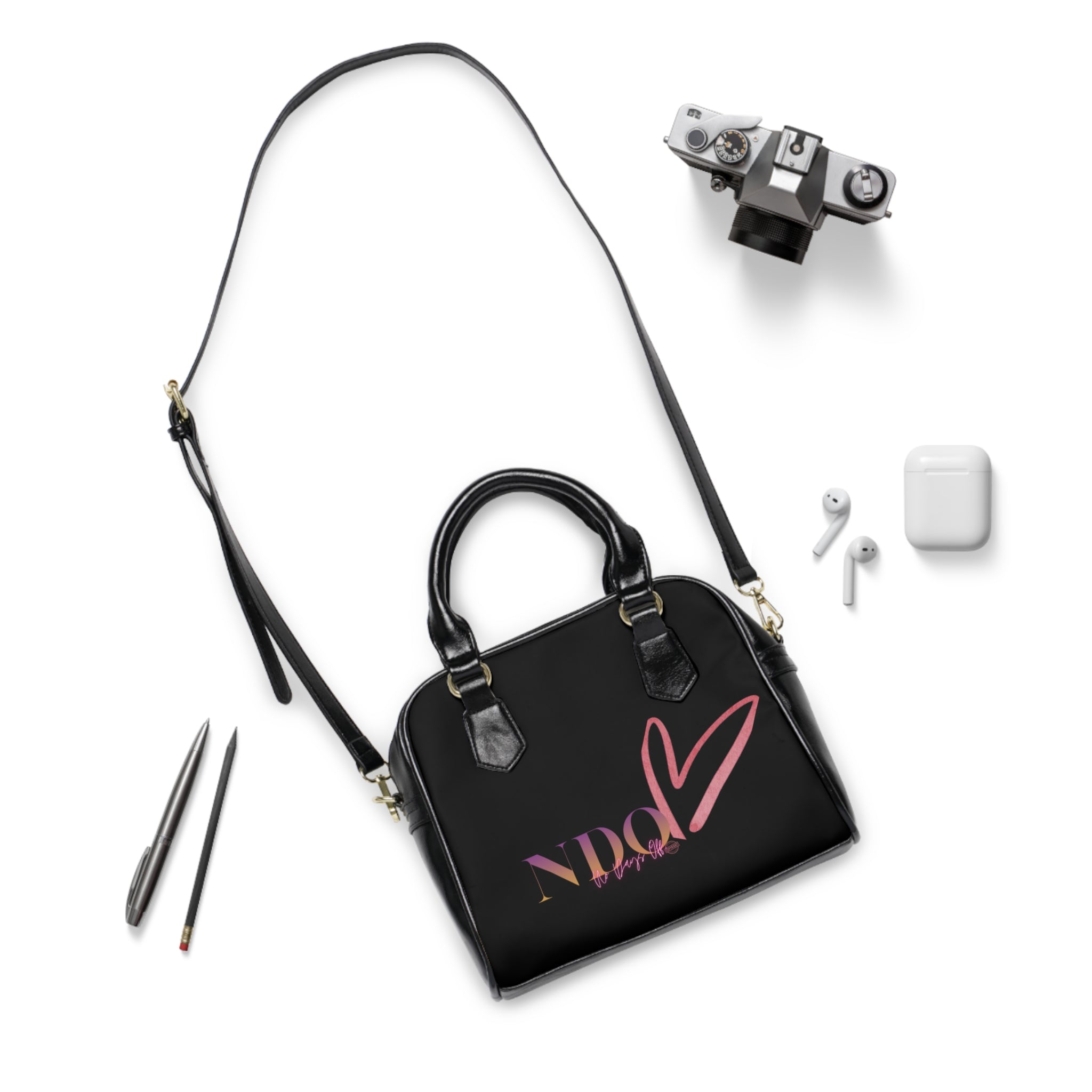 NDO Heart Shoulder Handbag – Stylish Black Tote with Pink Heart Logo