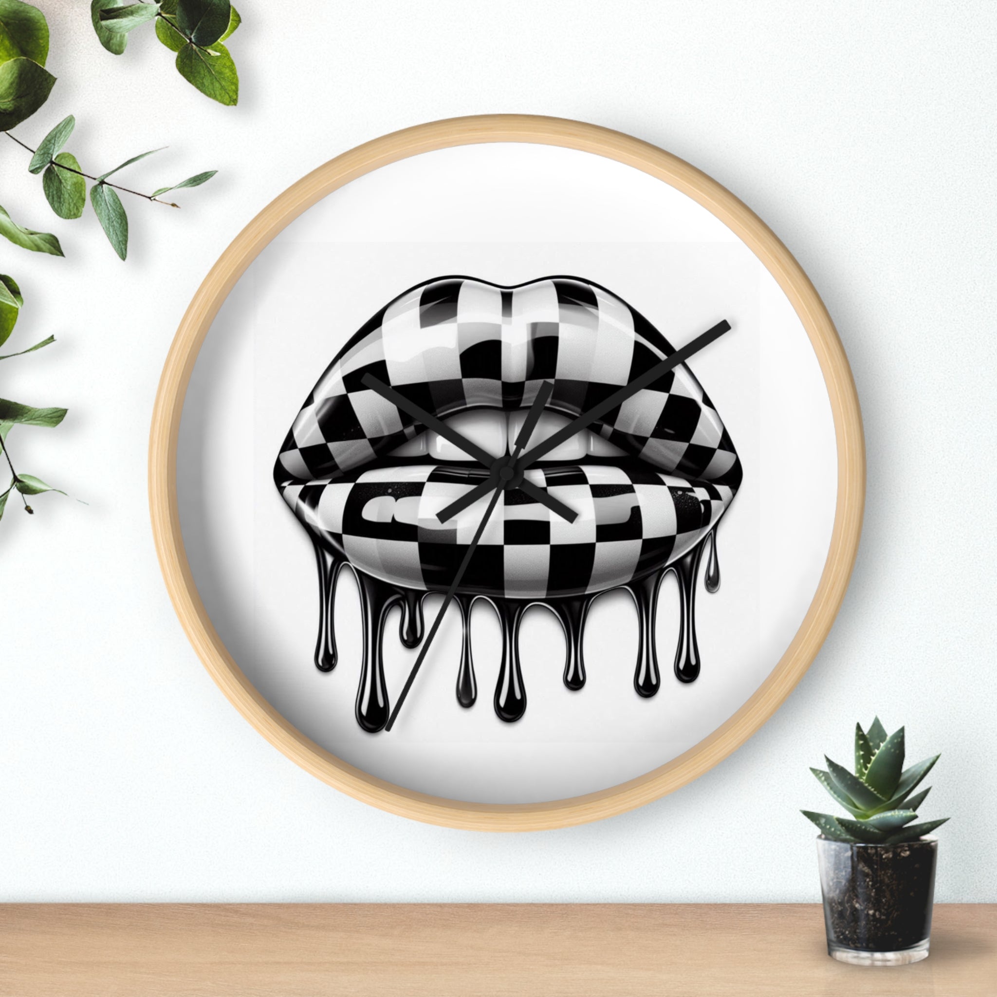 Checkerboard Dripping Lips Wall Clock