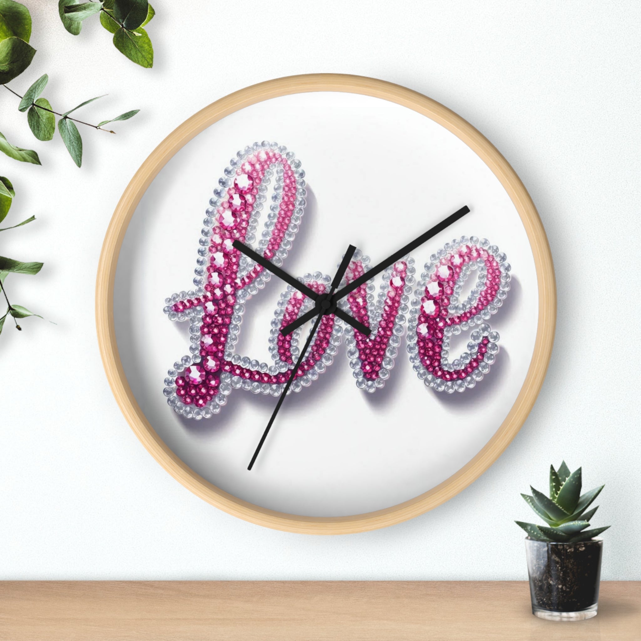 Love Beaded Wall Clock – Pink Rhinestone Script Decorative Wall Clock