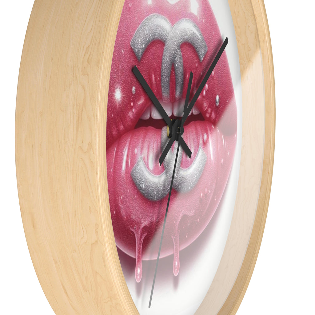 Glam Lip Drip Wall Clock — Pink Glossy Lips with Silver Logo