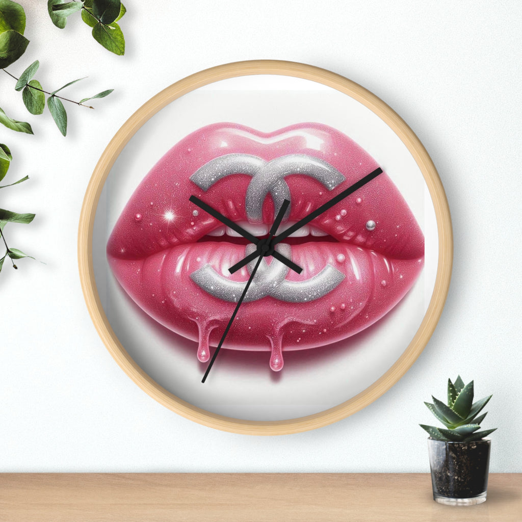 Glam Lip Drip Wall Clock — Pink Glossy Lips with Silver Logo