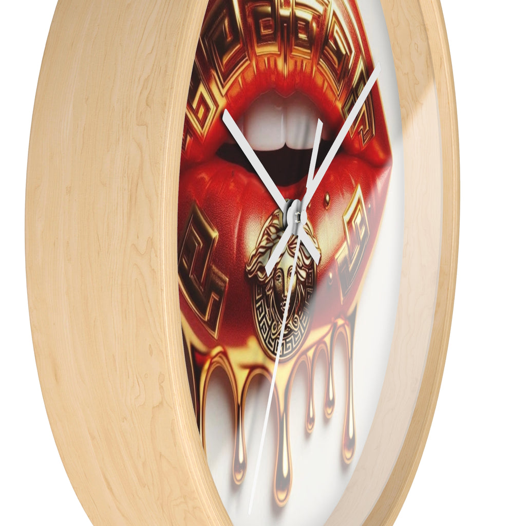 Gold Drip Lip Wall Clock — Luxe Red Lip Art Home Decor