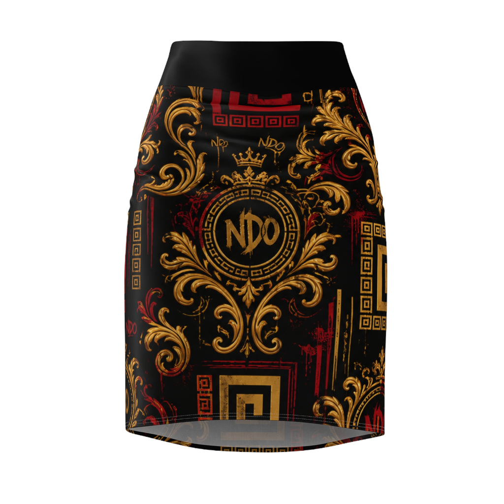 Baroque Crest Pencil Skirt — Black & Gold Ornate NDO Print