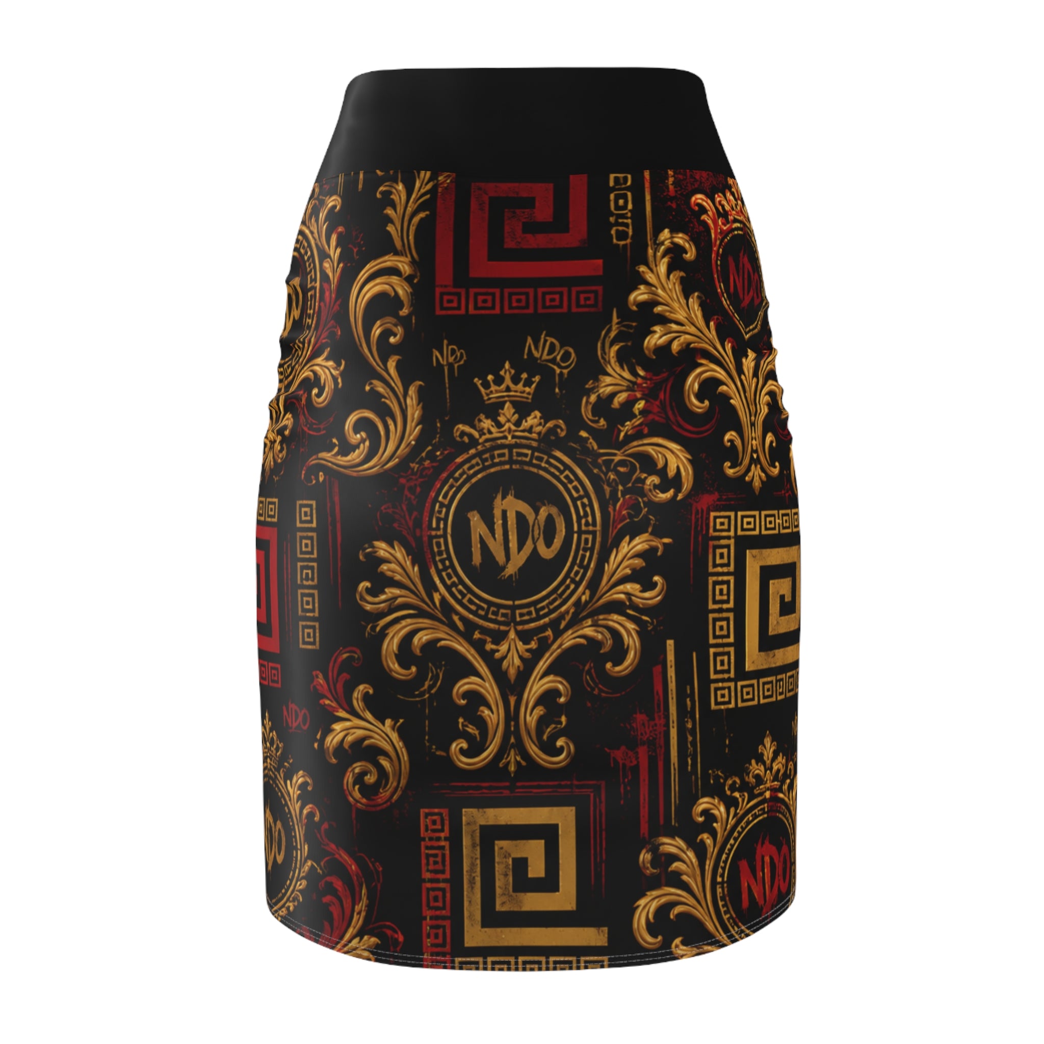 Baroque Crest Pencil Skirt — Black & Gold Ornate NDO Print