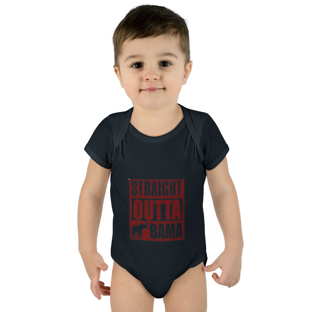 Straight Outta Bama Infant Bodysuit — Alabama Baby Onesie (Crimson Elephant Design)