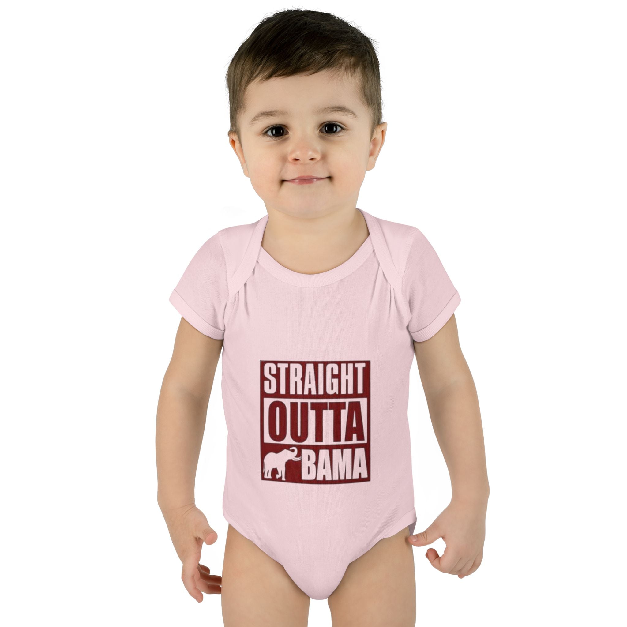 Straight Outta Bama Infant Bodysuit — Alabama Baby Onesie (Crimson Elephant Design)