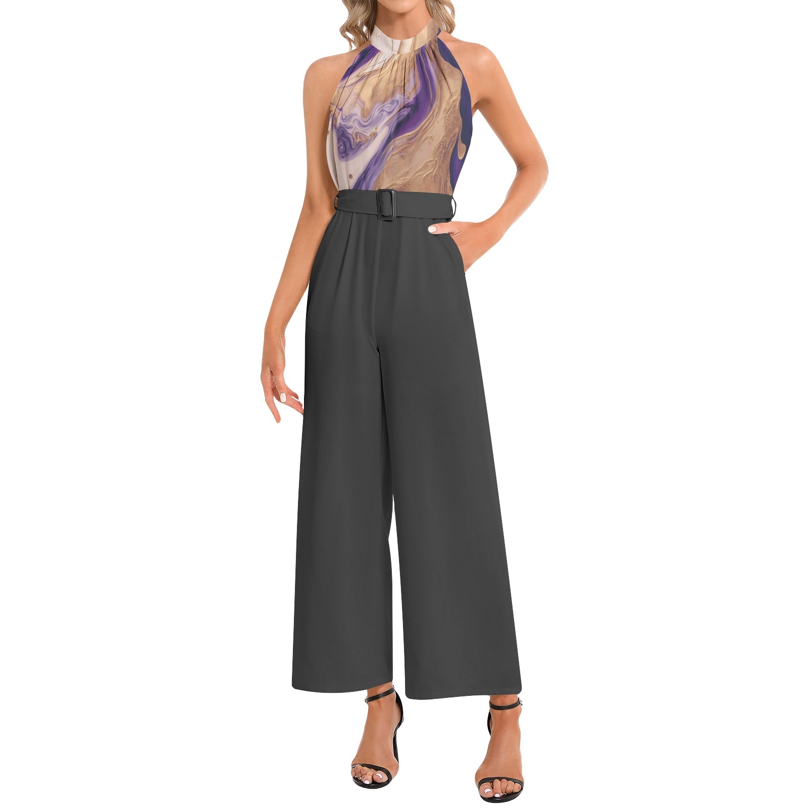 NDO Marble Halter Neck Buckle Belted Jumpsuit