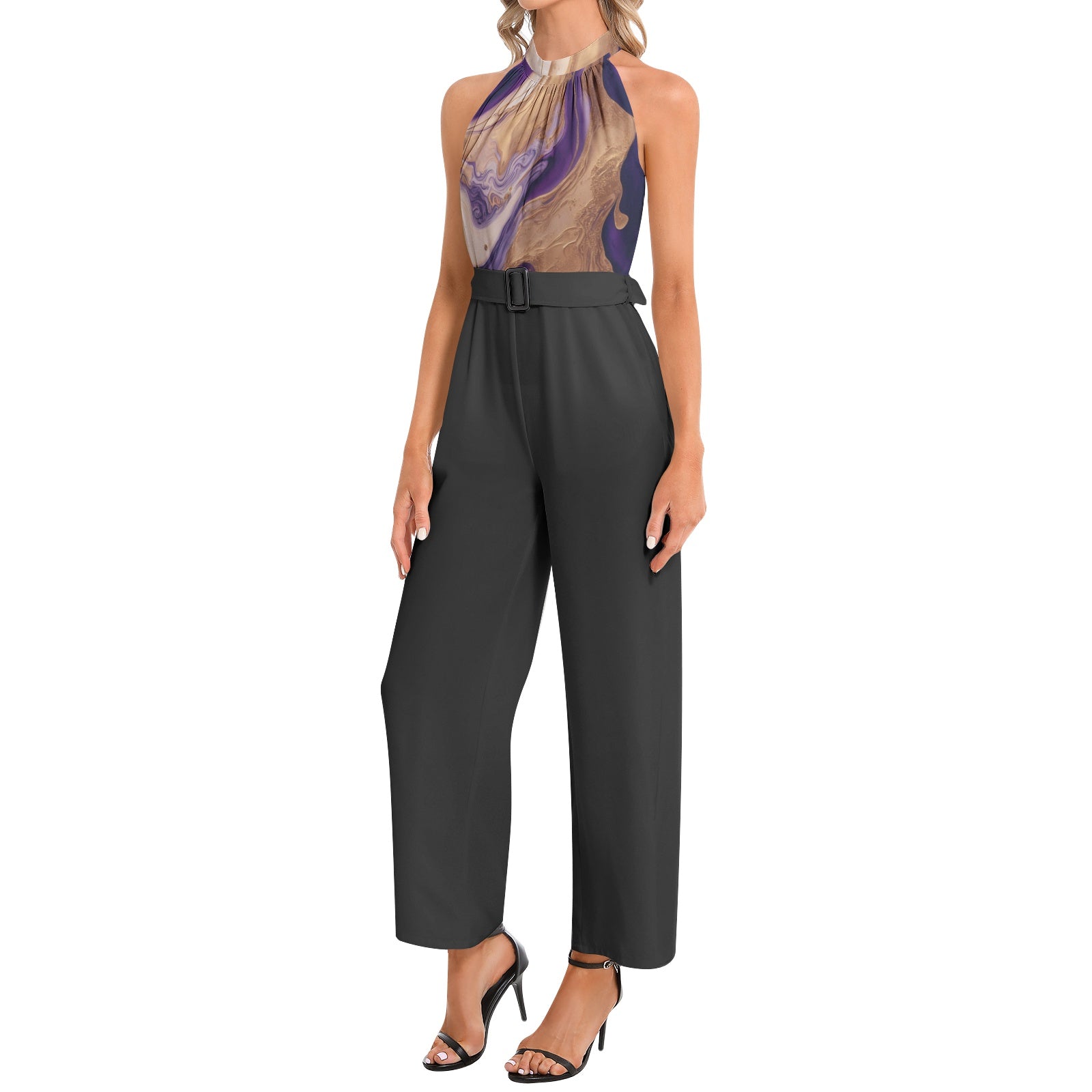 NDO Marble Halter Neck Buckle Belted Jumpsuit