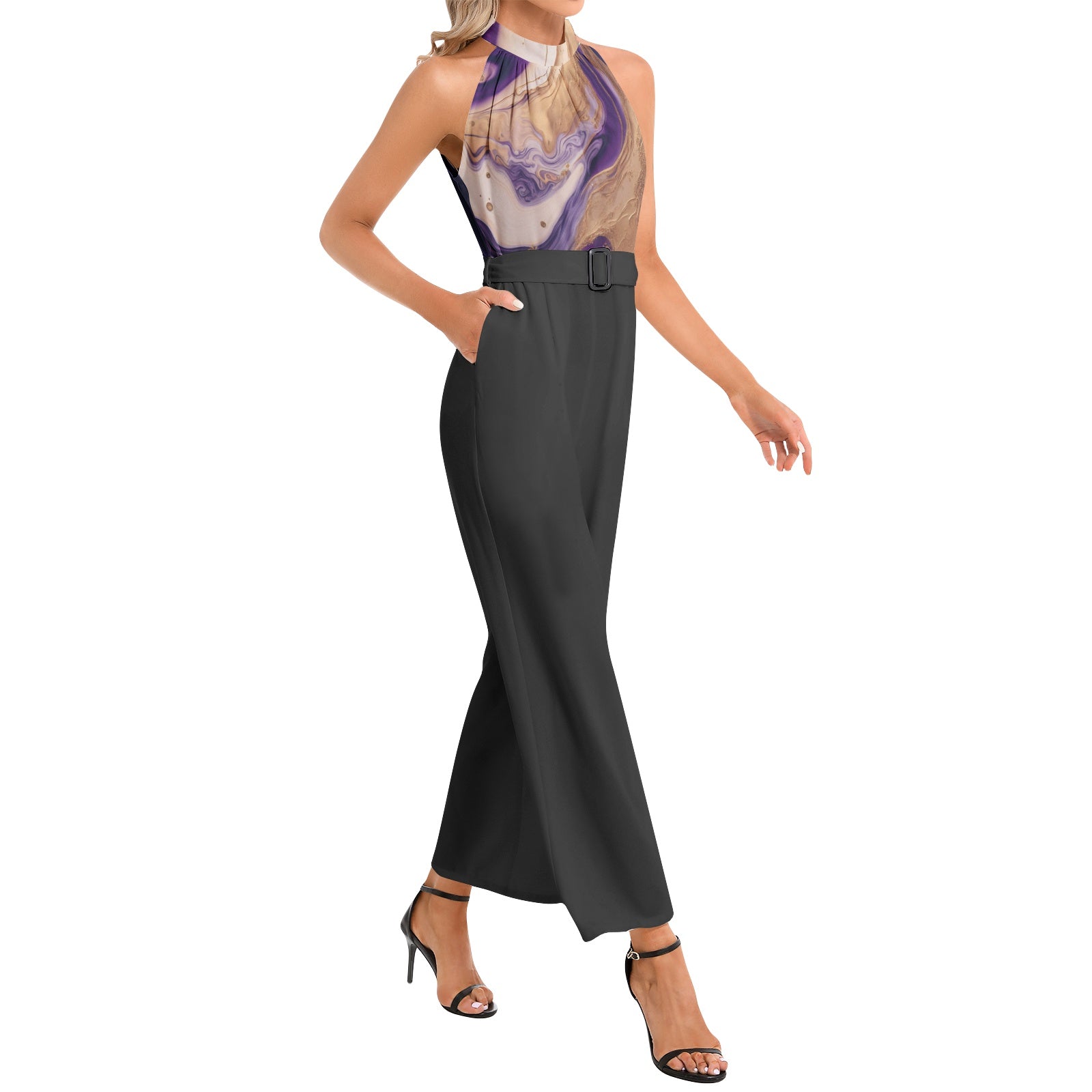 NDO Marble Halter Neck Buckle Belted Jumpsuit