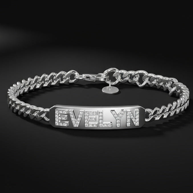 Rhodium Plated Silver Pavé Letter ID Bar Curb Chain Bracelet His & Her ID Bar AW24B001R