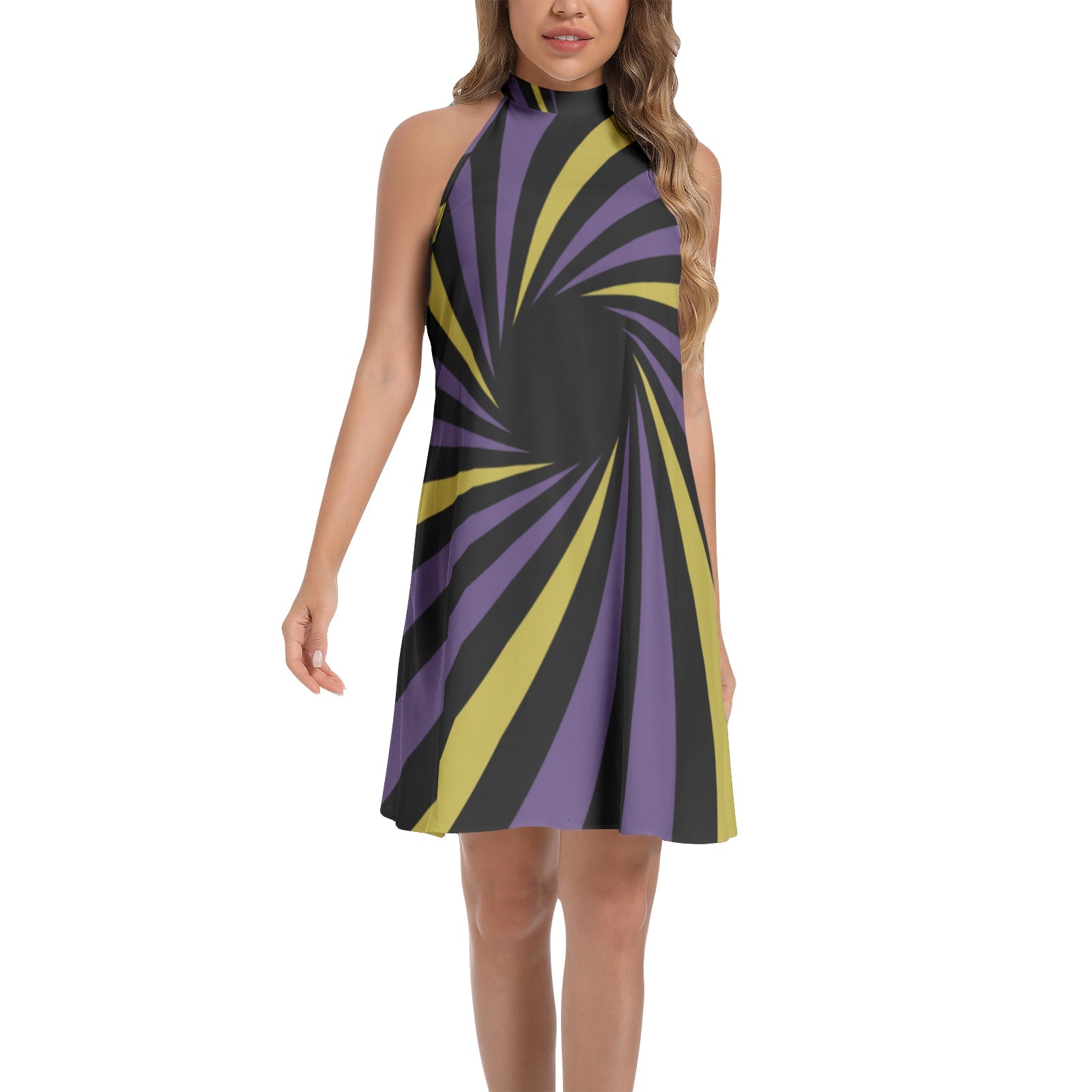 NDO Purple Maze Tie Back Halter Neck Flared Dress