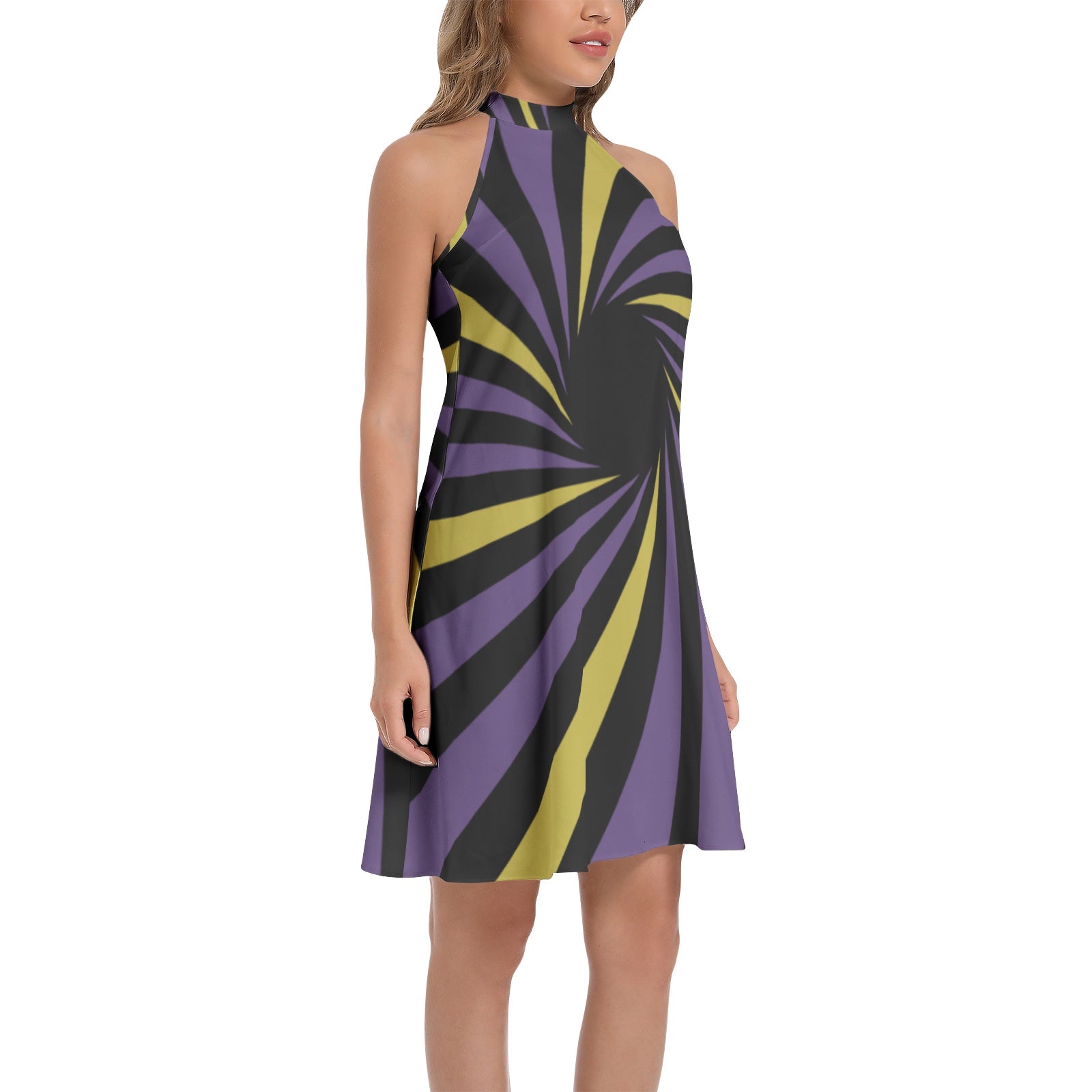 NDO Purple Maze Tie Back Halter Neck Flared Dress