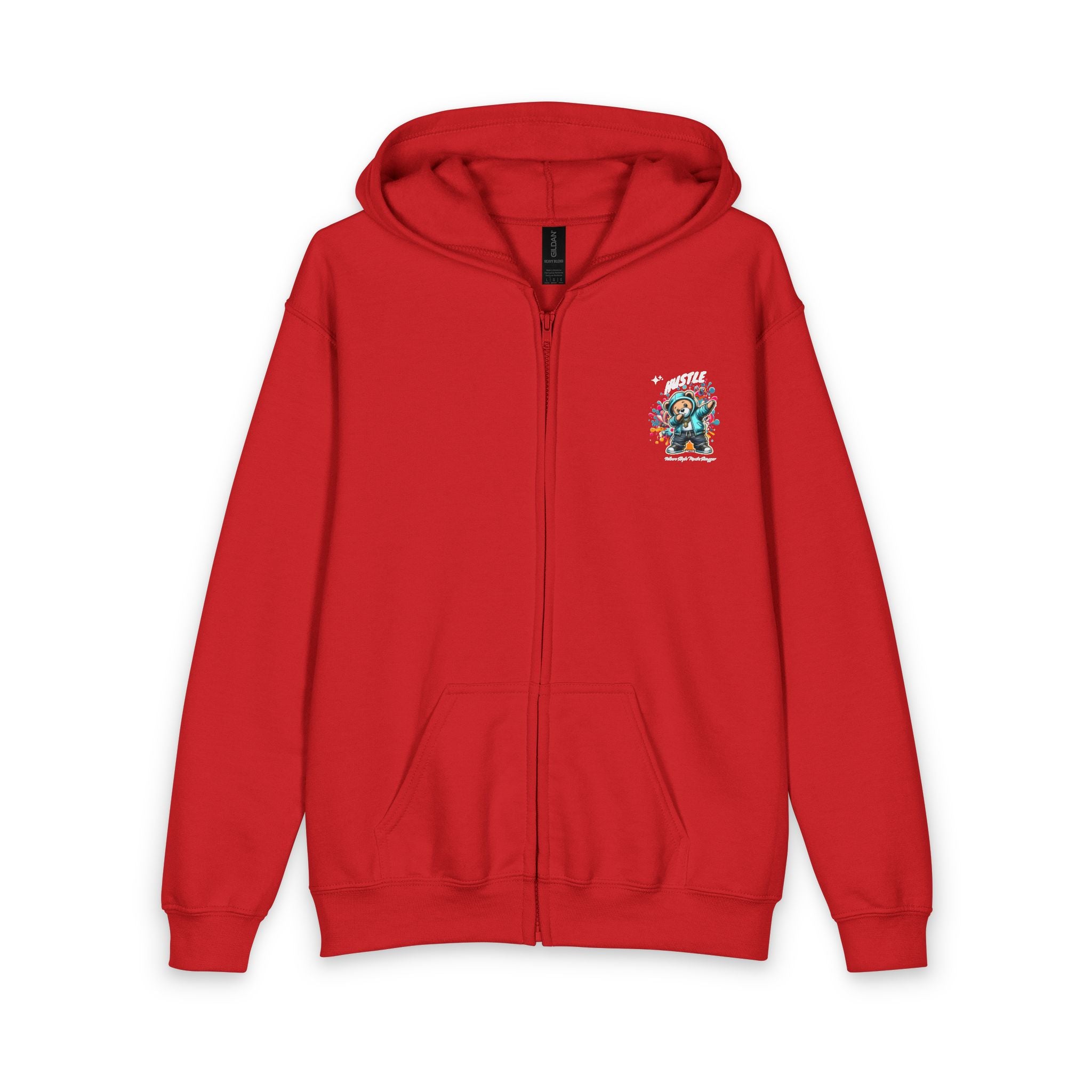 Kids Zip Hoodie — Colorful Streetwear Teddy Bear Graphic (‘Hustle’)