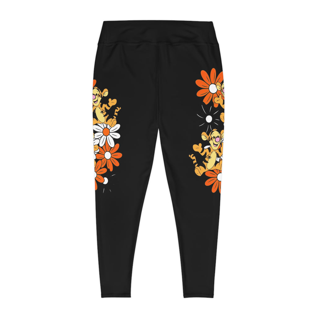 Plus Size Floral Tiger Leggings — Black AOP Yoga & Casual Wear