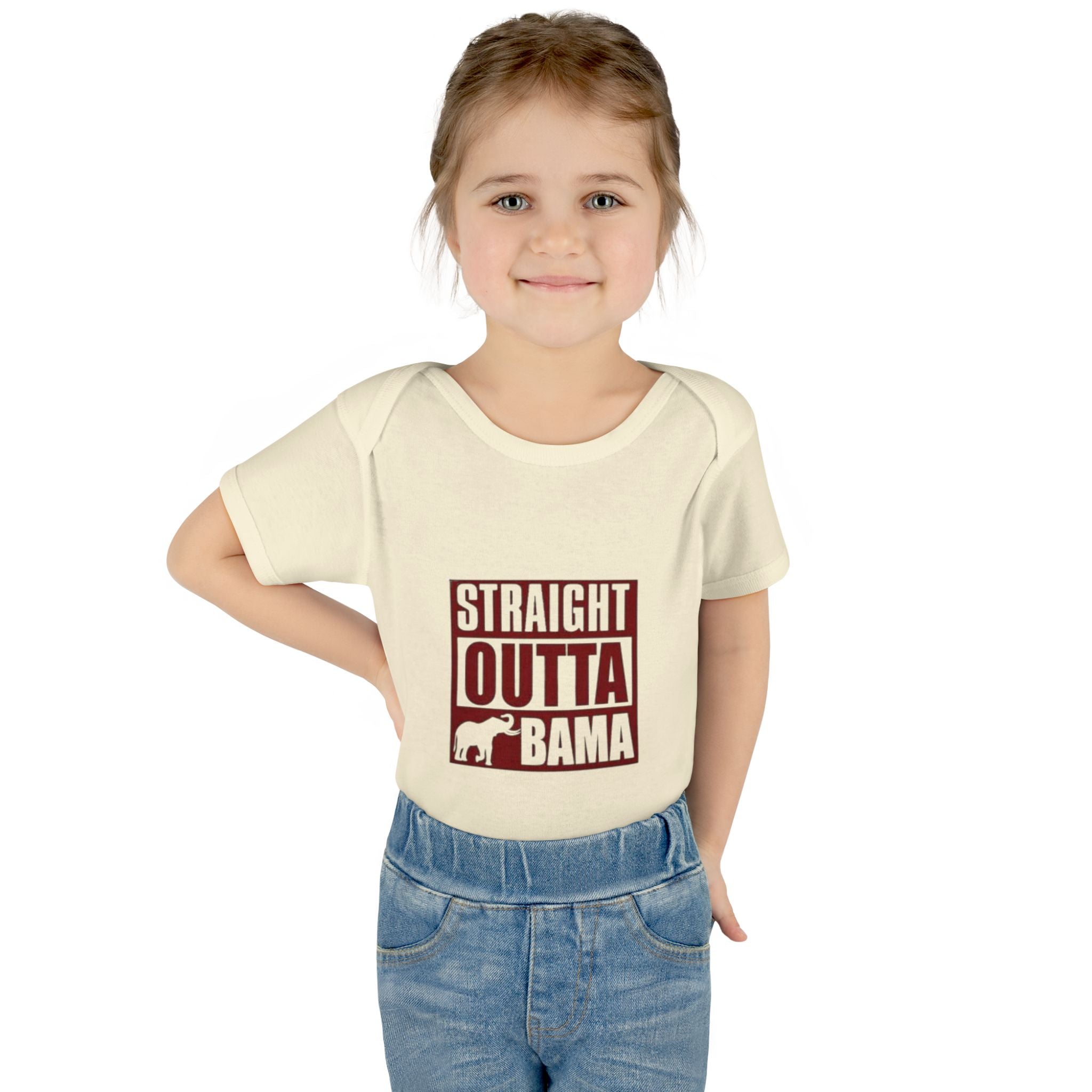 Straight Outta Bama Infant Bodysuit — Alabama Baby Onesie (Crimson Elephant Design)