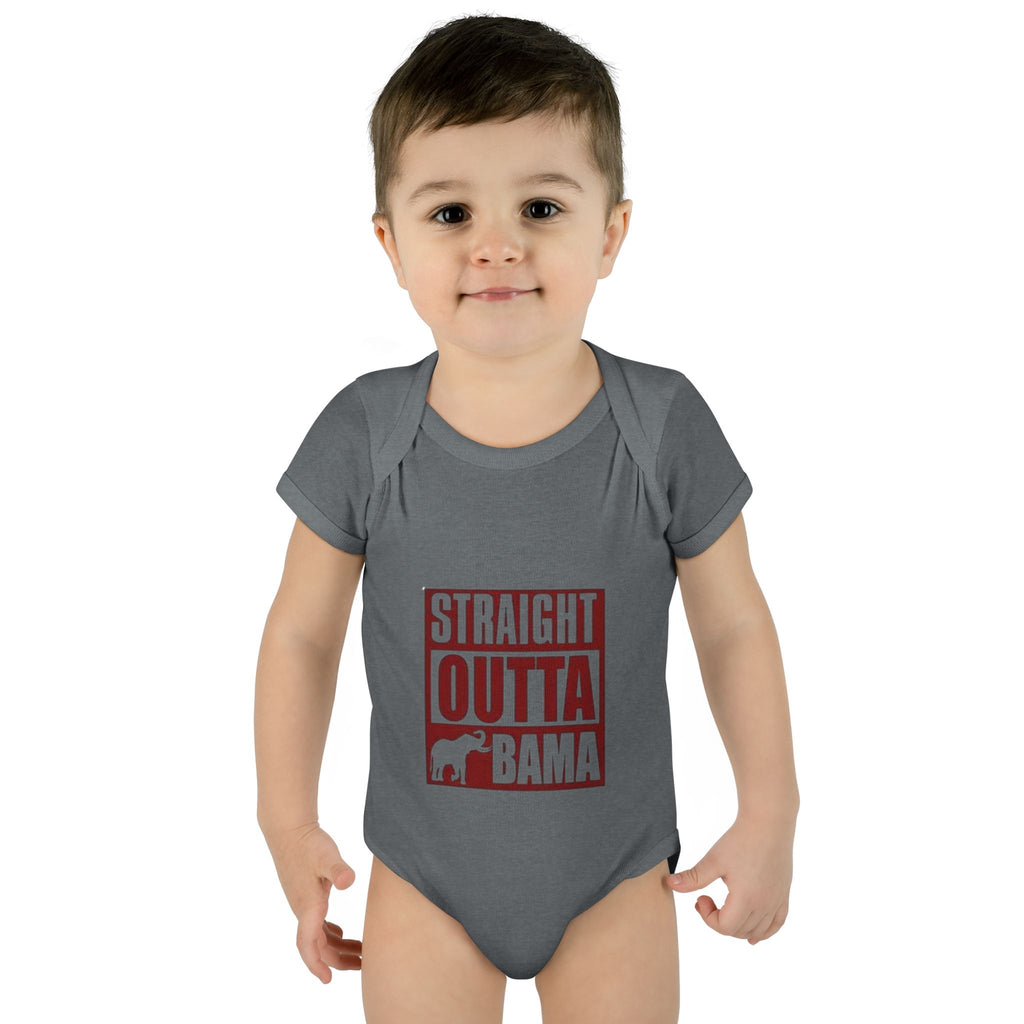 Straight Outta Bama Infant Bodysuit — Alabama Baby Onesie (Crimson Elephant Design)
