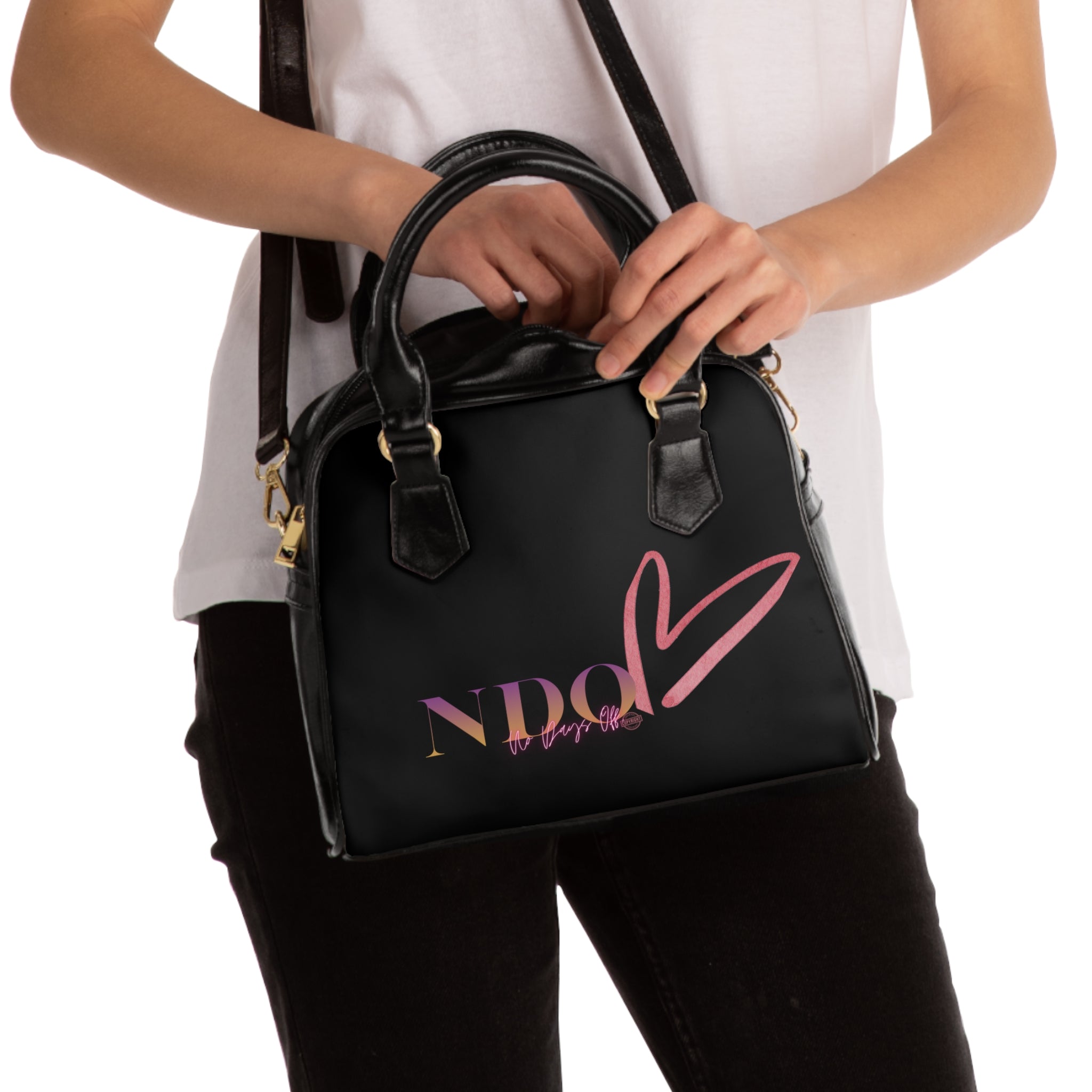 NDO Heart Shoulder Handbag – Stylish Black Tote with Pink Heart Logo