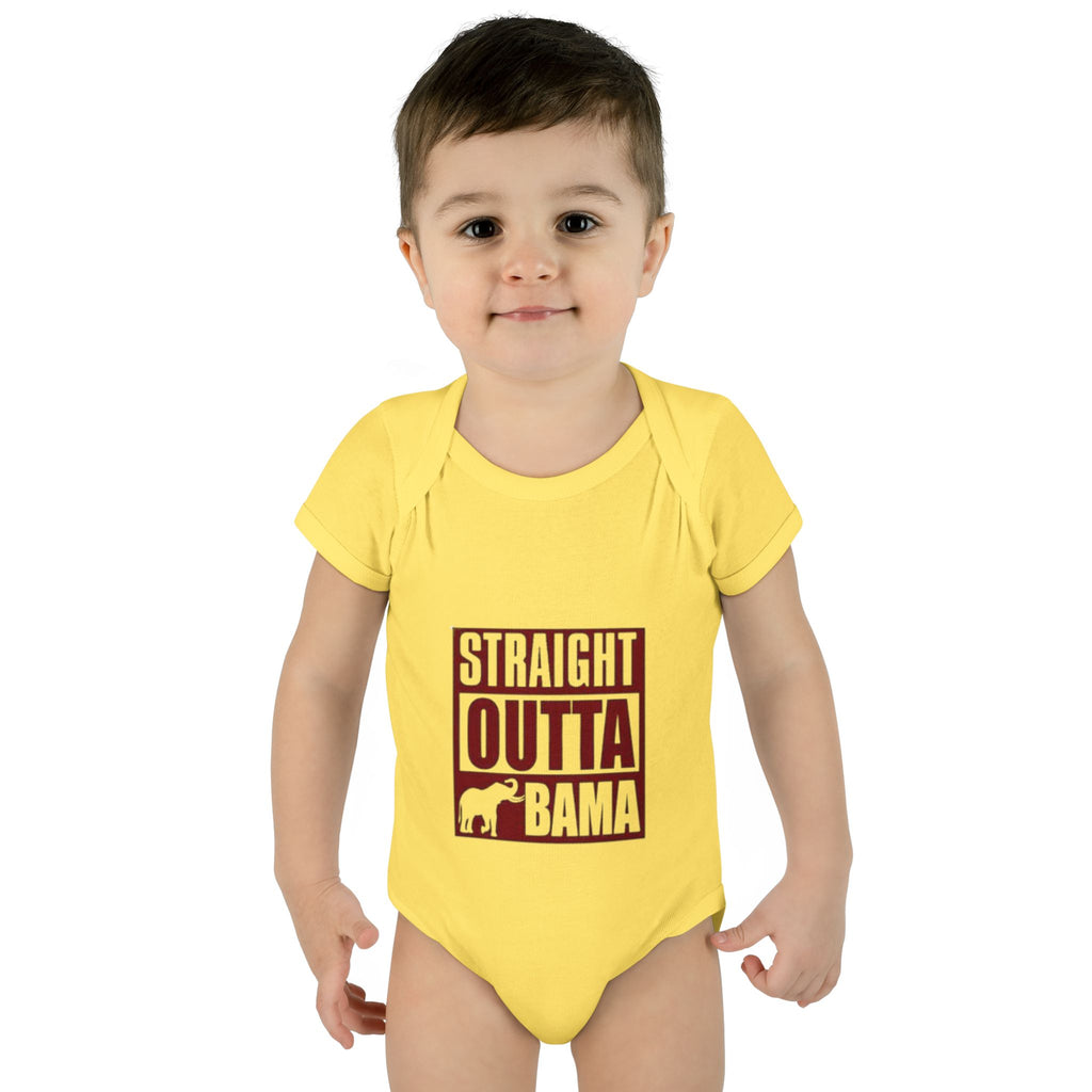 Straight Outta Bama Infant Bodysuit — Alabama Baby Onesie (Crimson Elephant Design)