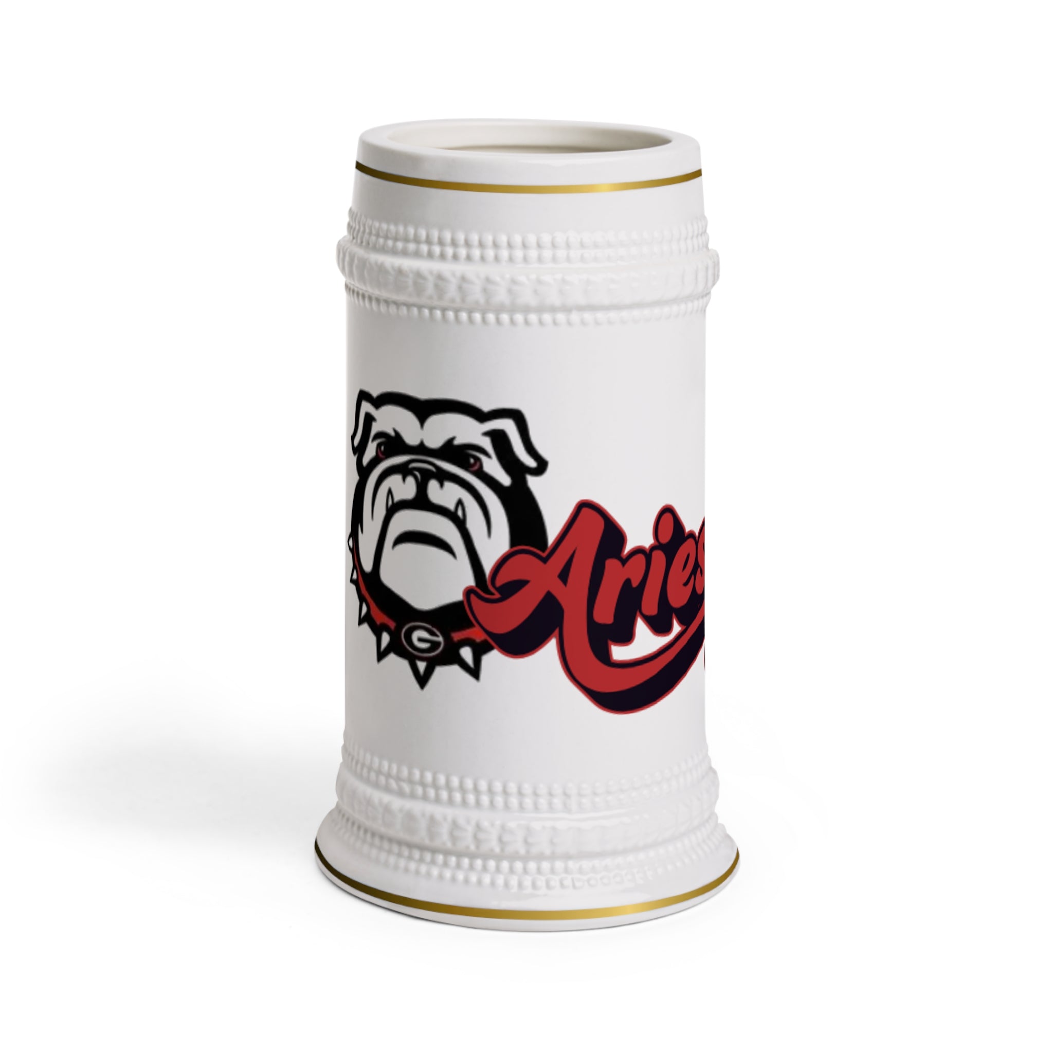 GA Bulldog Aries Beer Stein Mug — Retro Script "Ariella" Team Logo Beer Stein