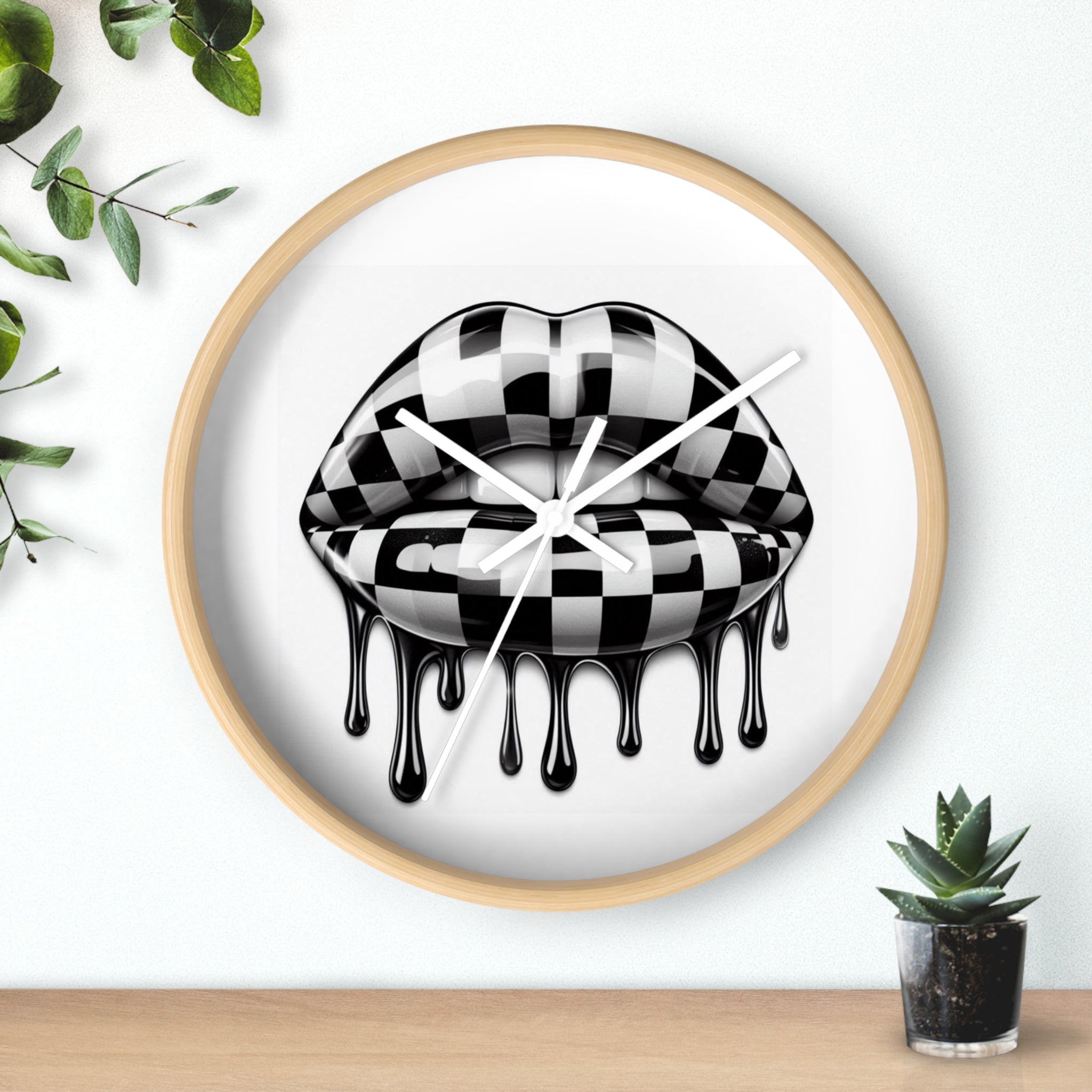 Checkerboard Dripping Lips Wall Clock