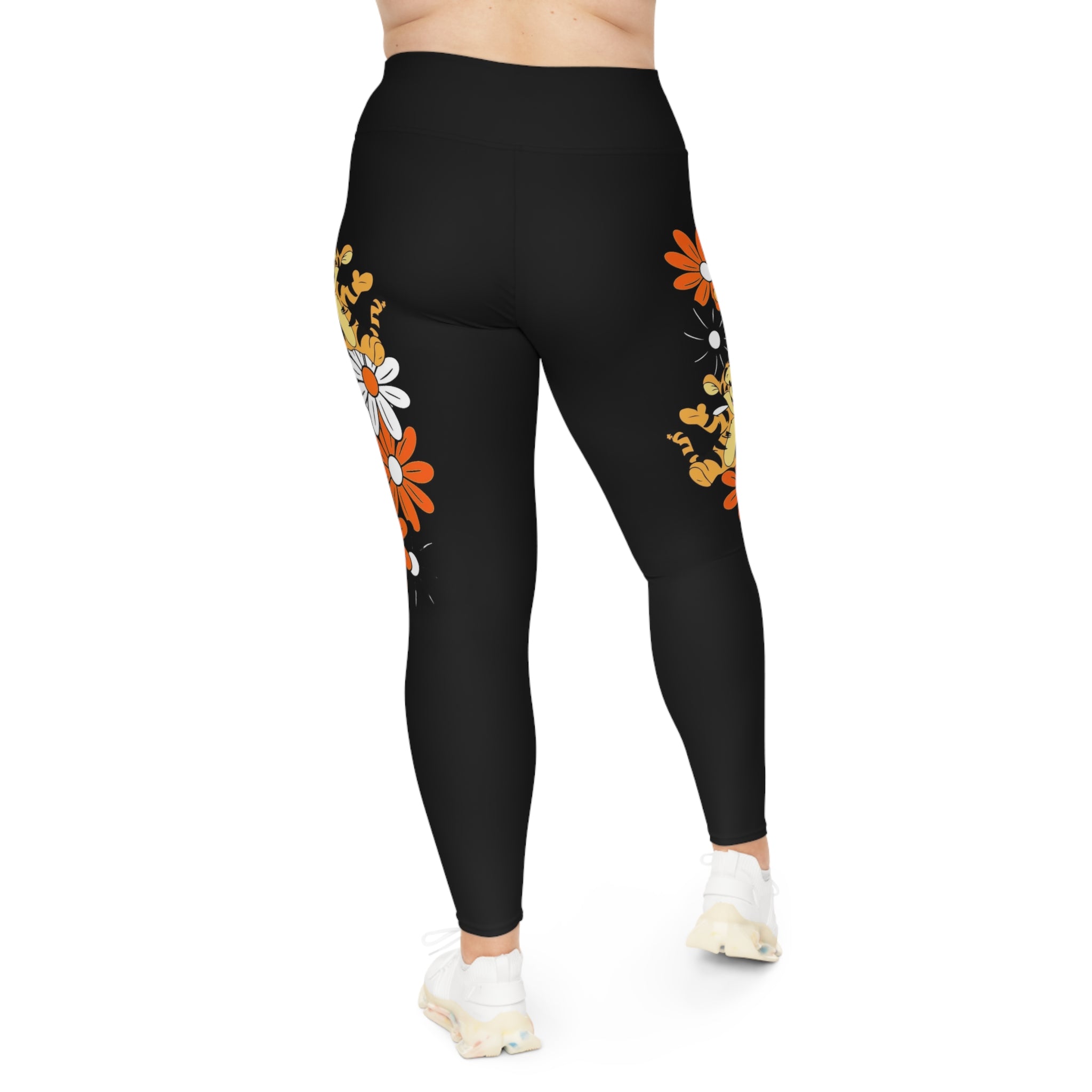 Plus Size Floral Tiger Leggings — Black AOP Yoga & Casual Wear