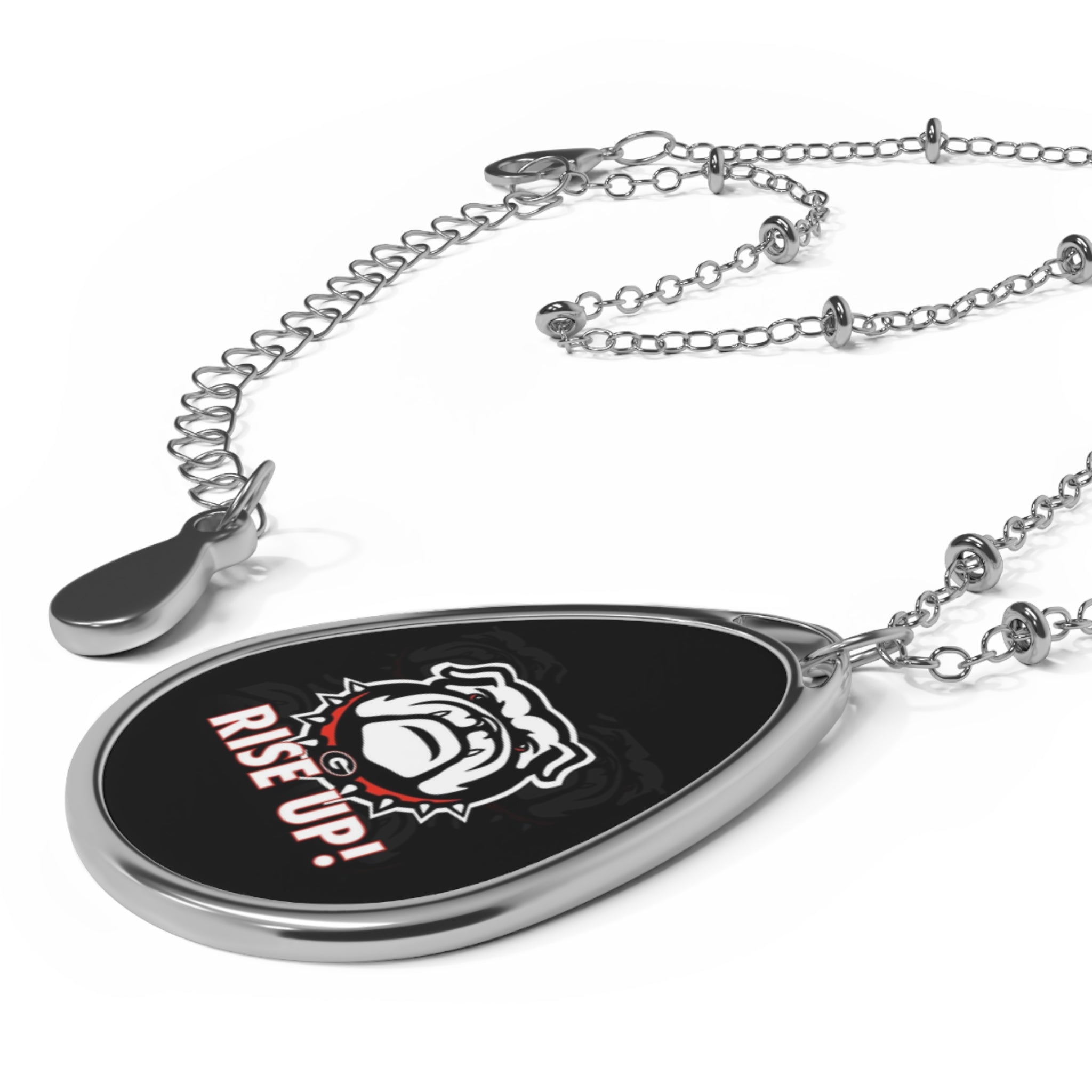 Bulldog 'Rise Up!' Oval Pendant Necklace — Team Spirit Silver Teardrop Necklace