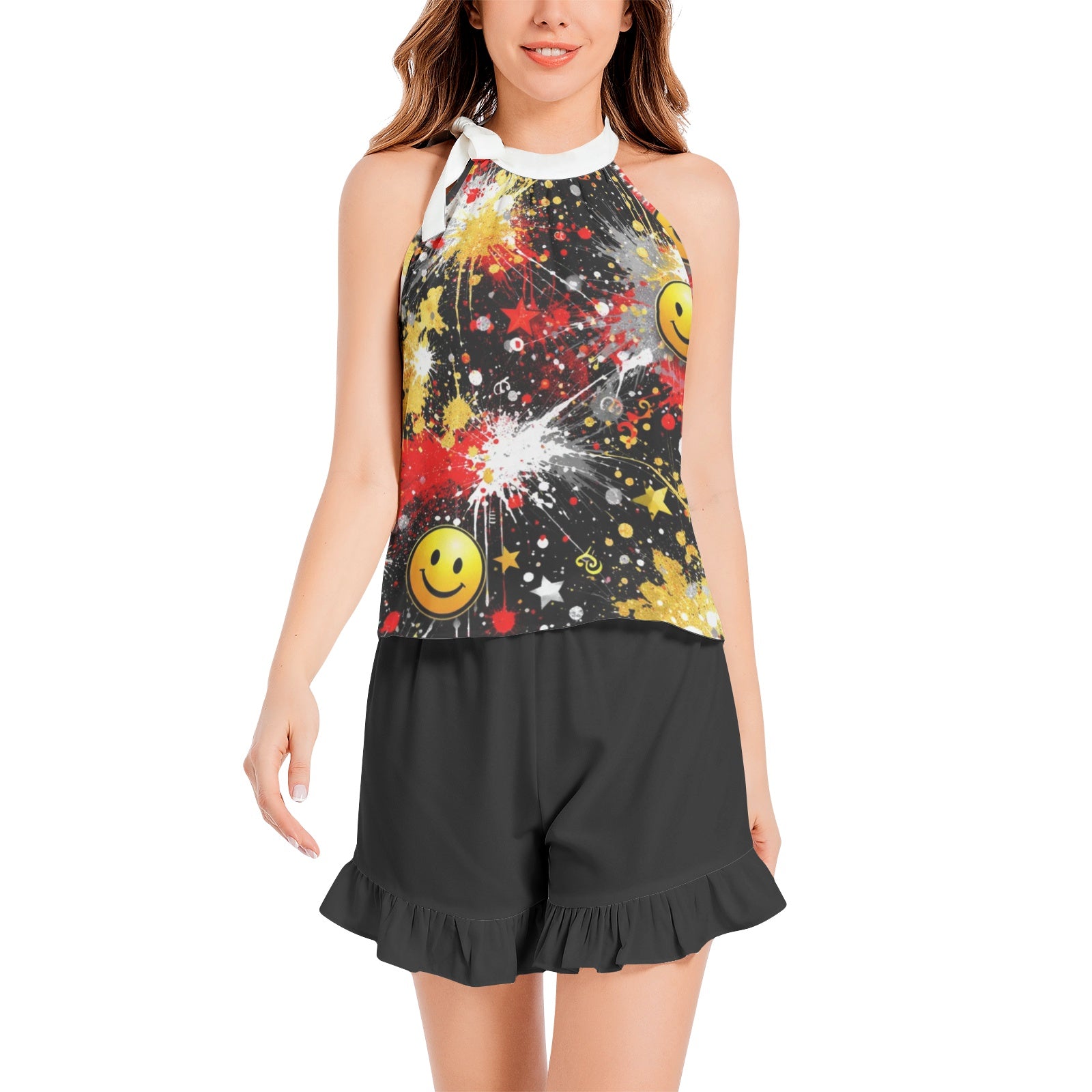 Tie Neck Halter Top and Ruffle Hem Short Set