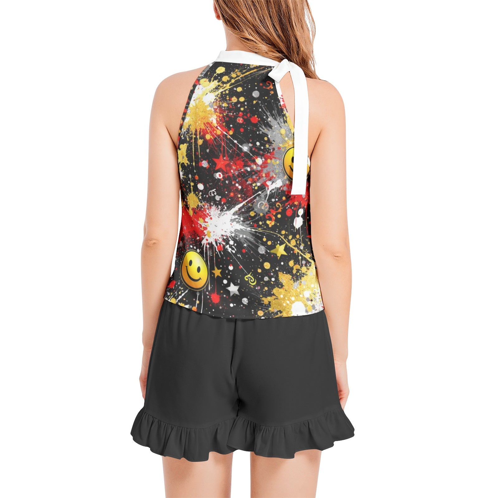 Tie Neck Halter Top and Ruffle Hem Short Set
