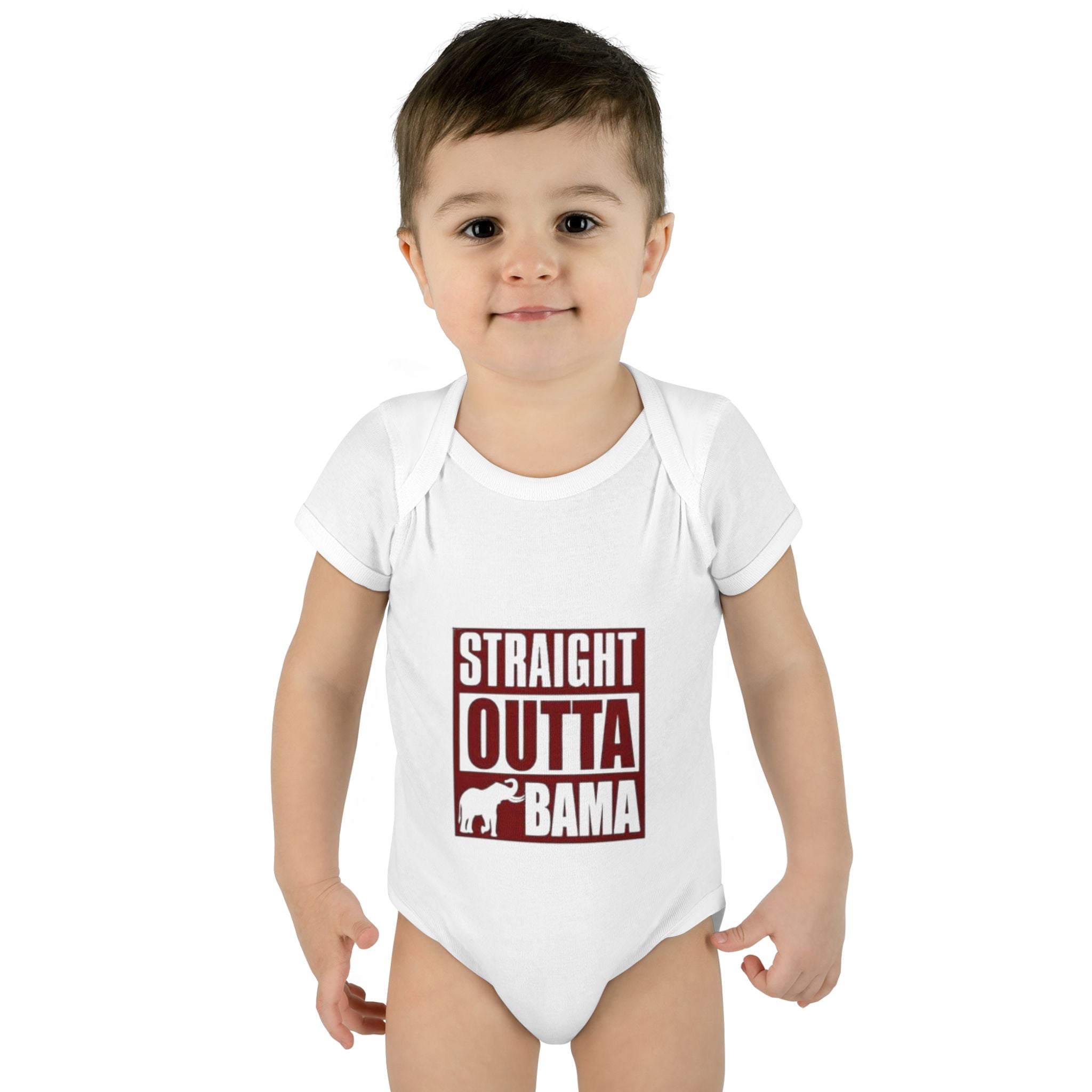 Straight Outta Bama Infant Bodysuit — Alabama Baby Onesie (Crimson Elephant Design)