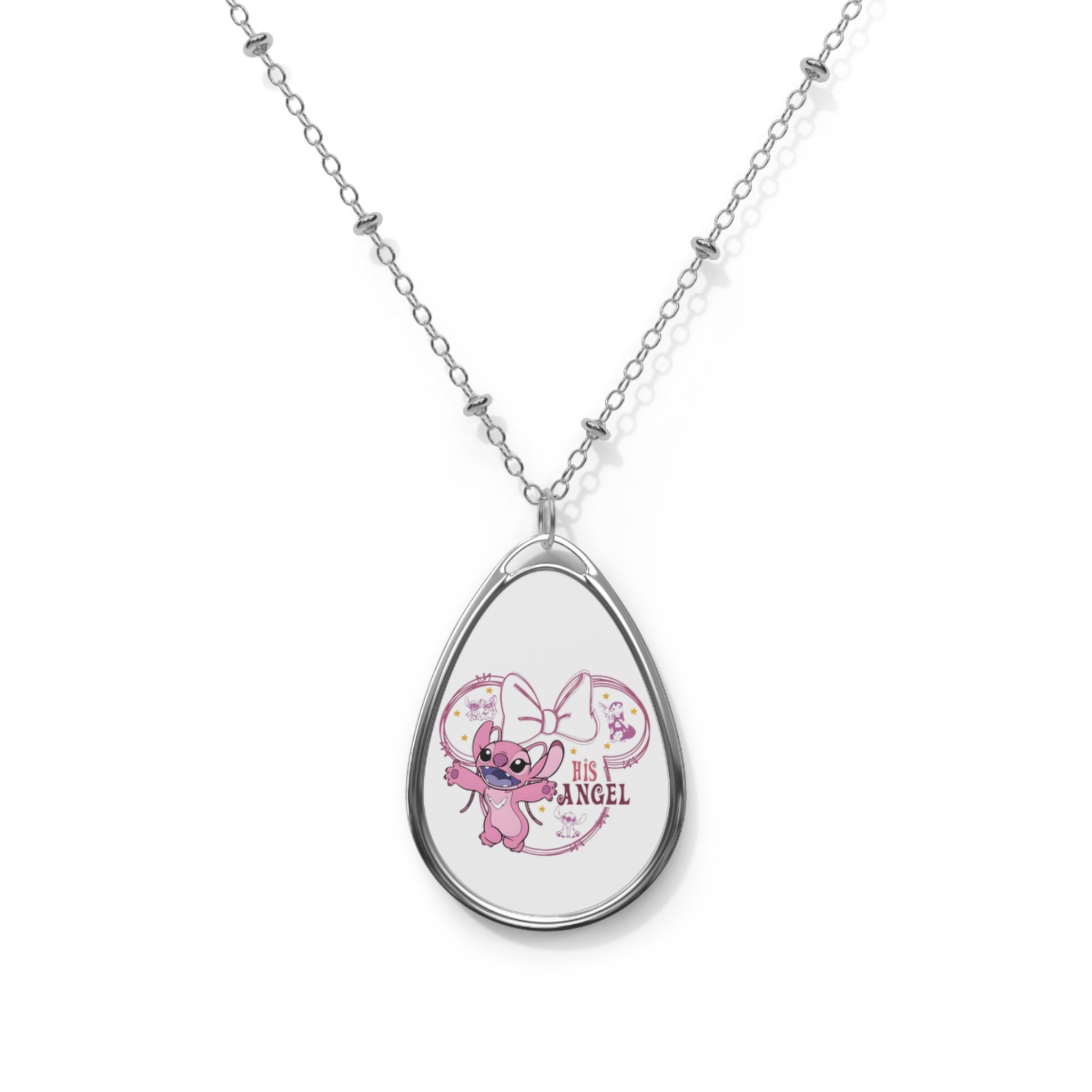 Silver Oval Angel Necklace — Cute Pink Bear 'His Angel' Pendant