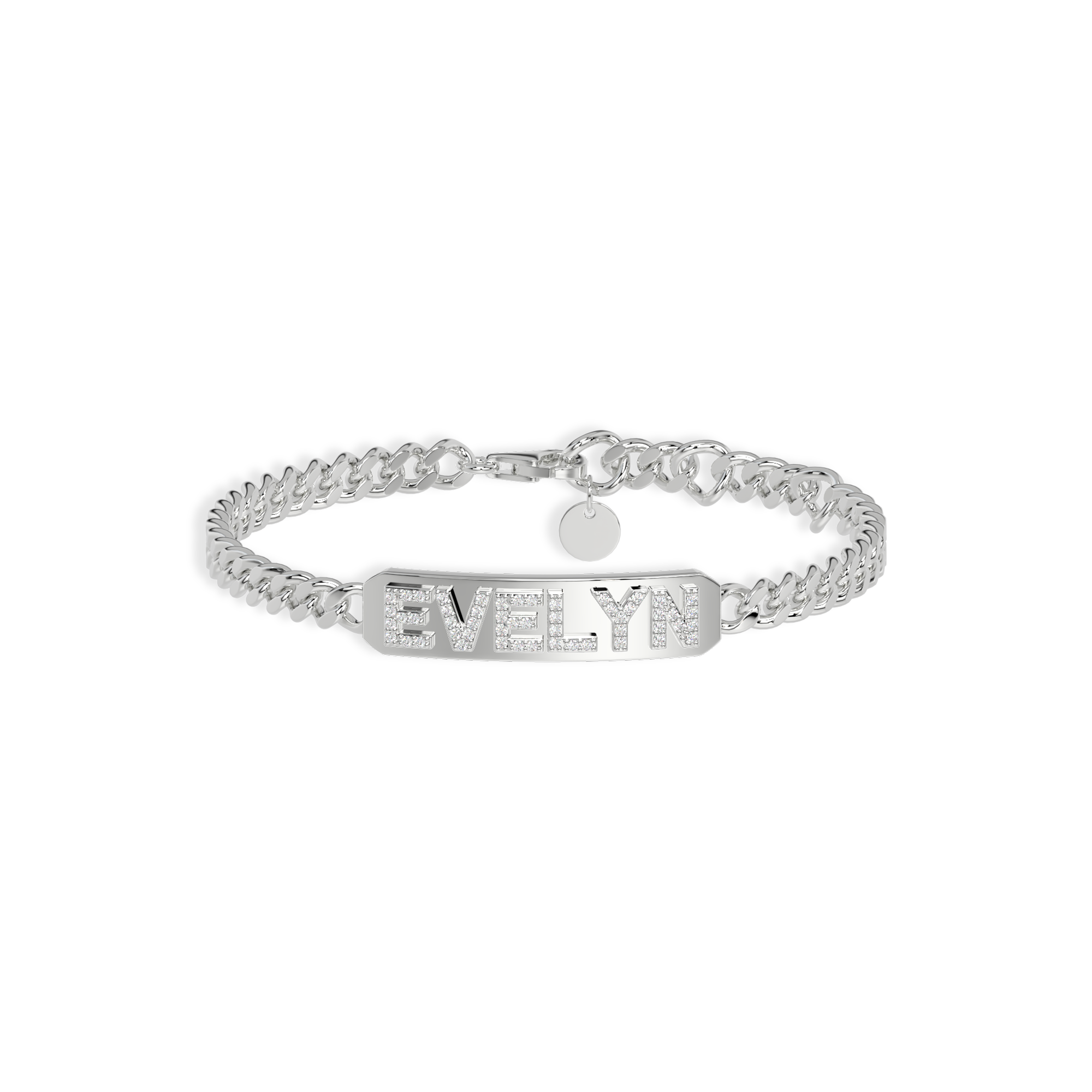 Rhodium Plated Silver Pavé Letter ID Bar Curb Chain Bracelet His & Her ID Bar AW24B001R